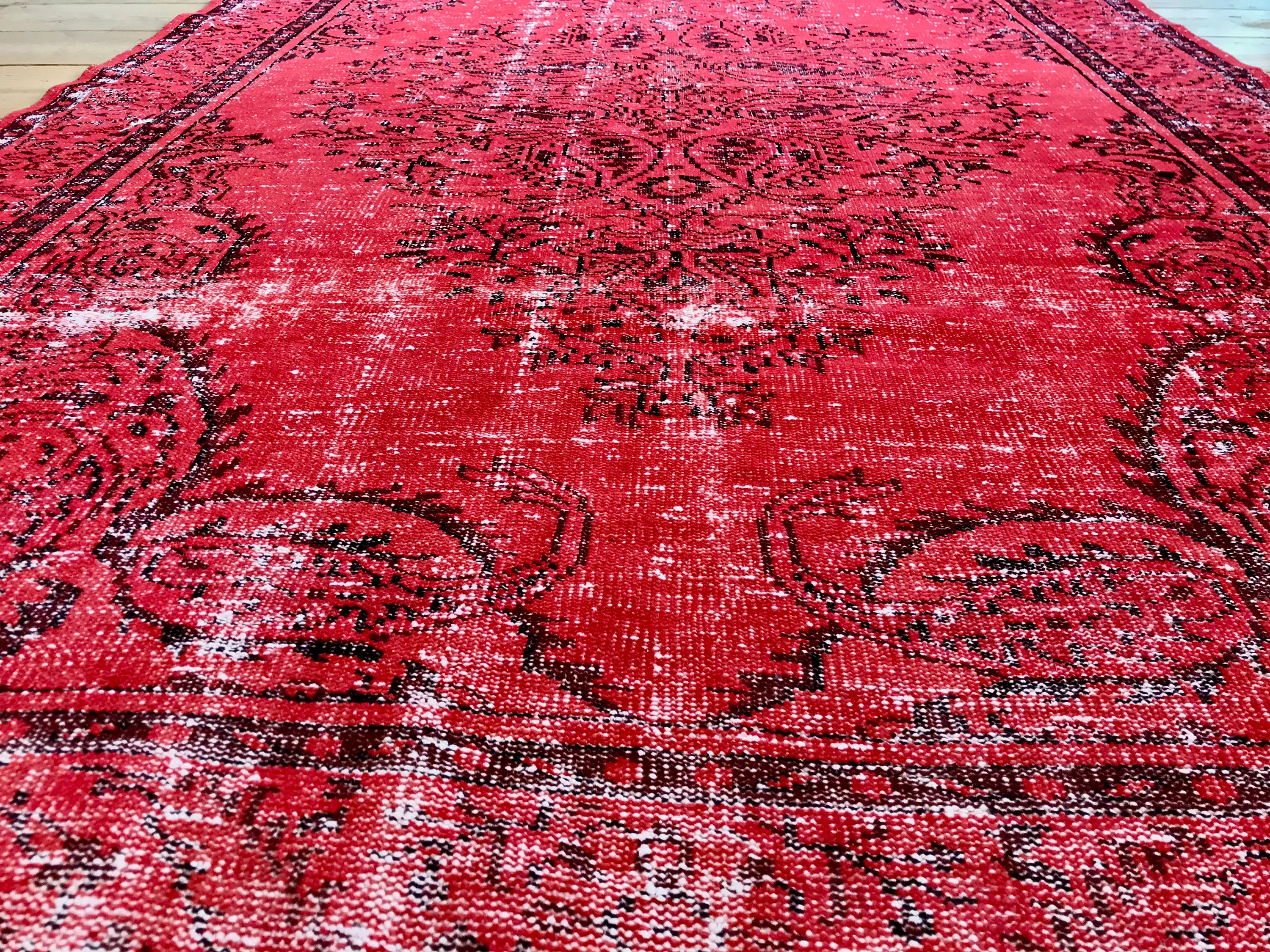 Vintage Hand Knotted Overdyed Red Turkish Wool Area Rug