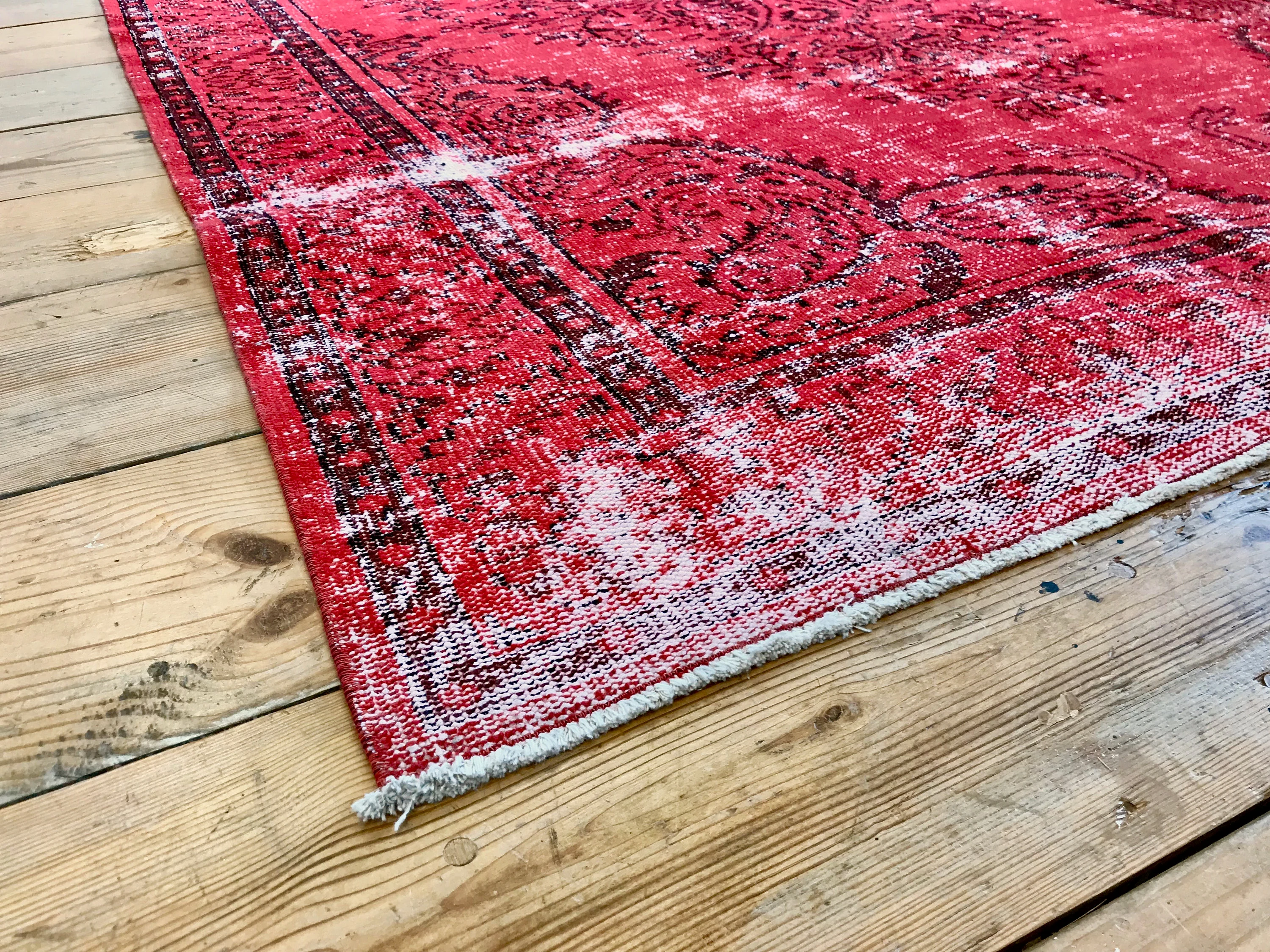 Vintage Hand Knotted Overdyed Red Turkish Wool Area Rug