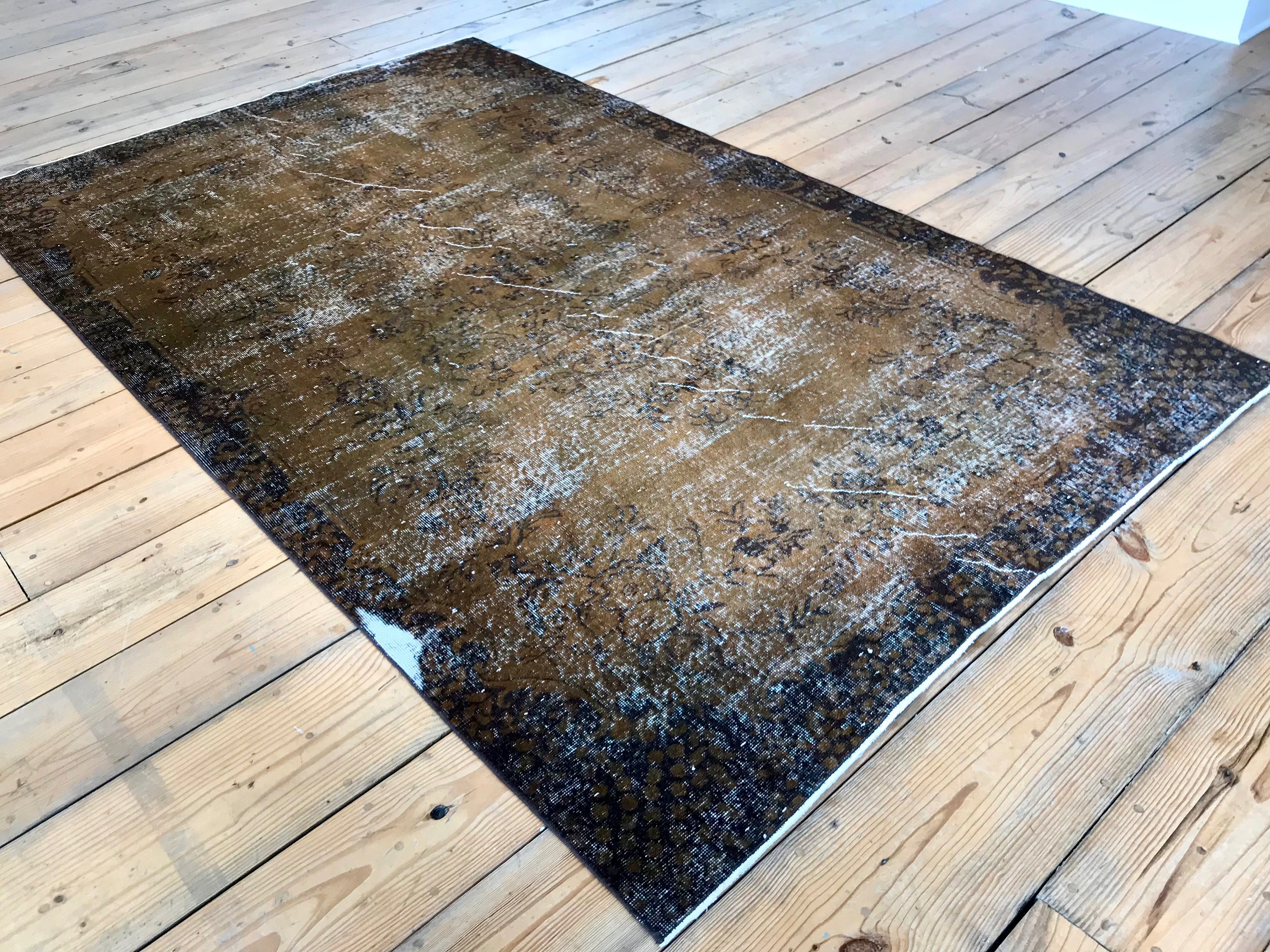 Vintage Hand Knotted Overdyed Brown Turkish Wool Area Rug