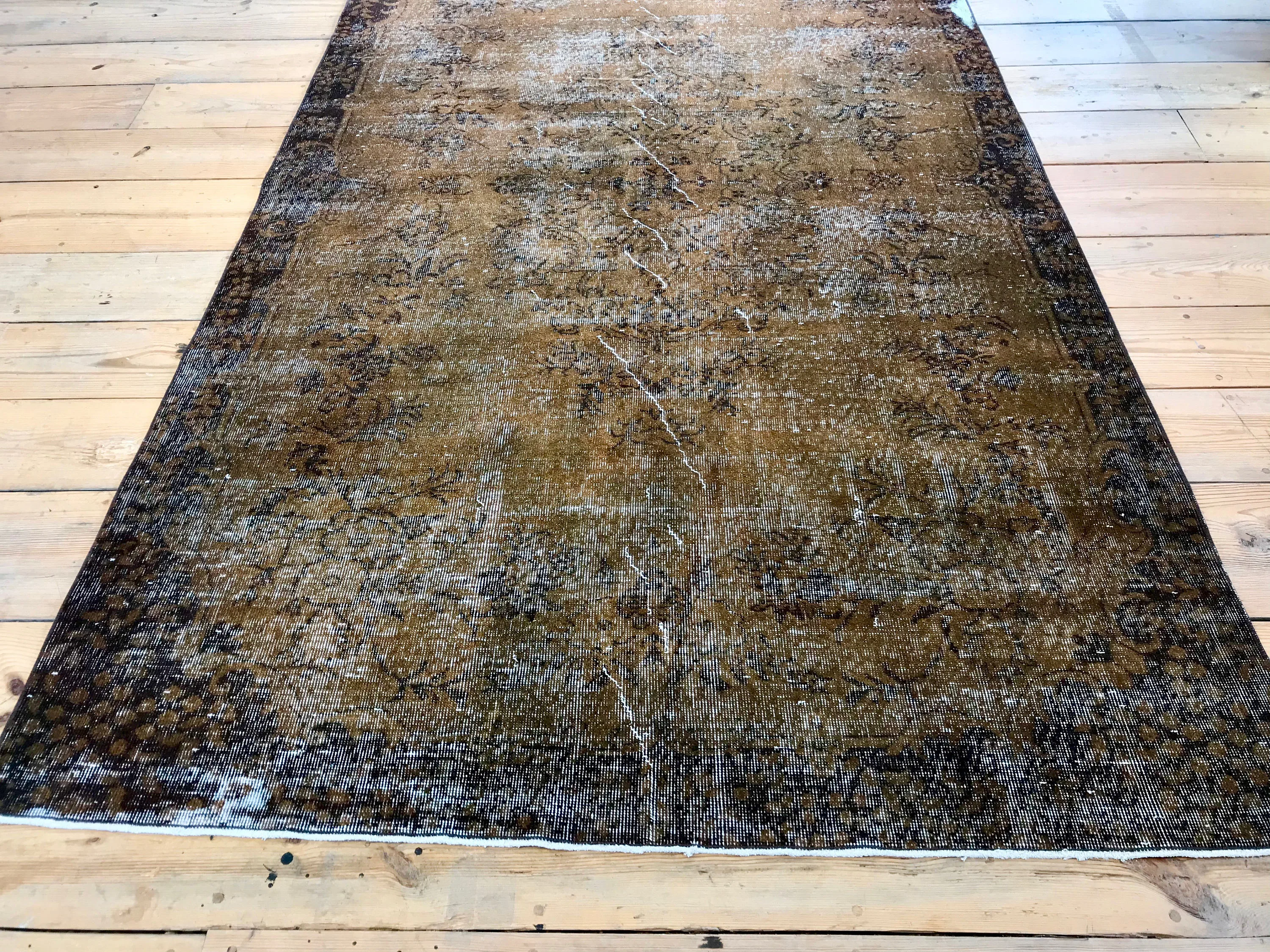 Vintage Hand Knotted Overdyed Brown Turkish Wool Area Rug