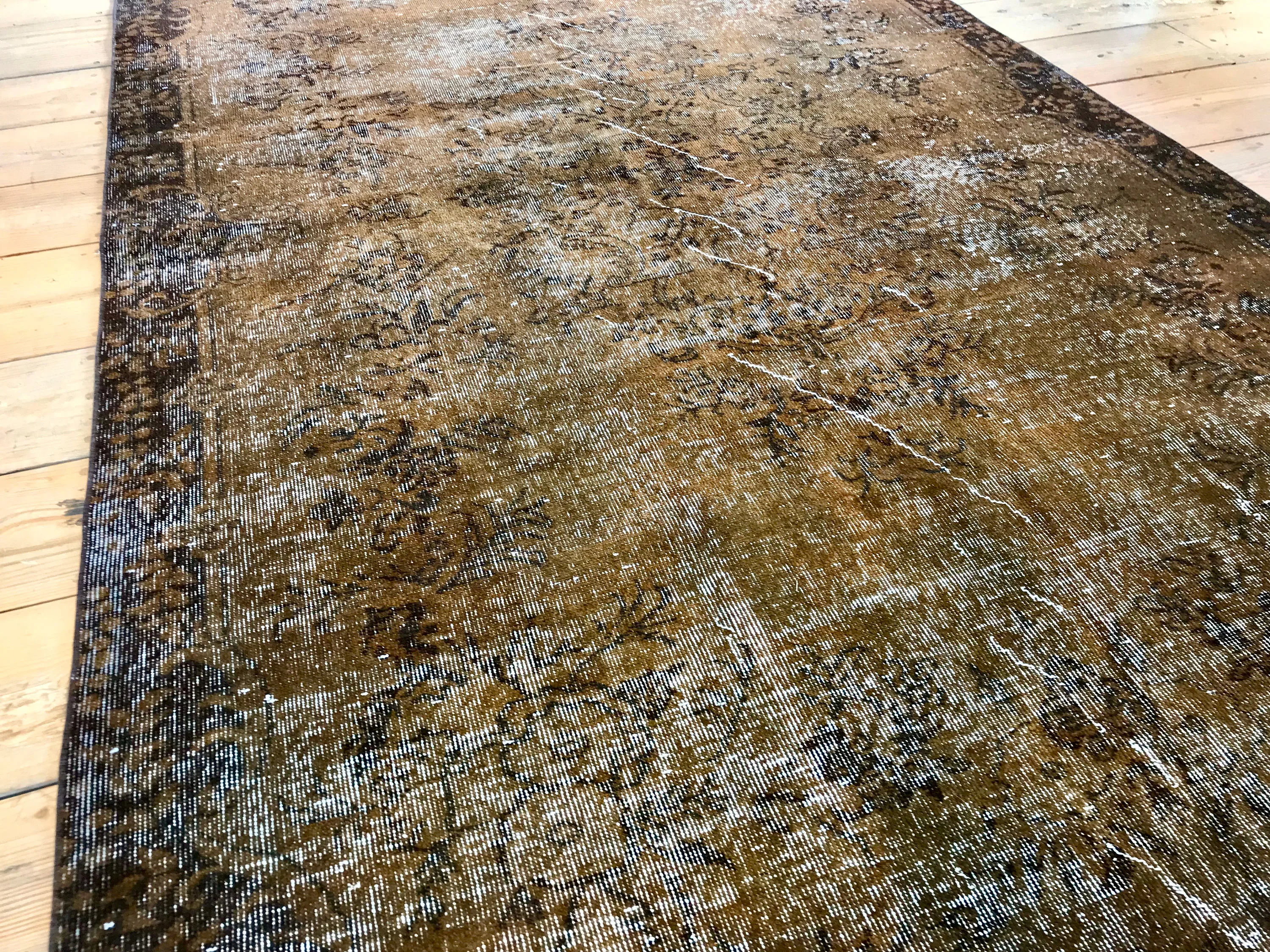Vintage Hand Knotted Overdyed Brown Turkish Wool Area Rug