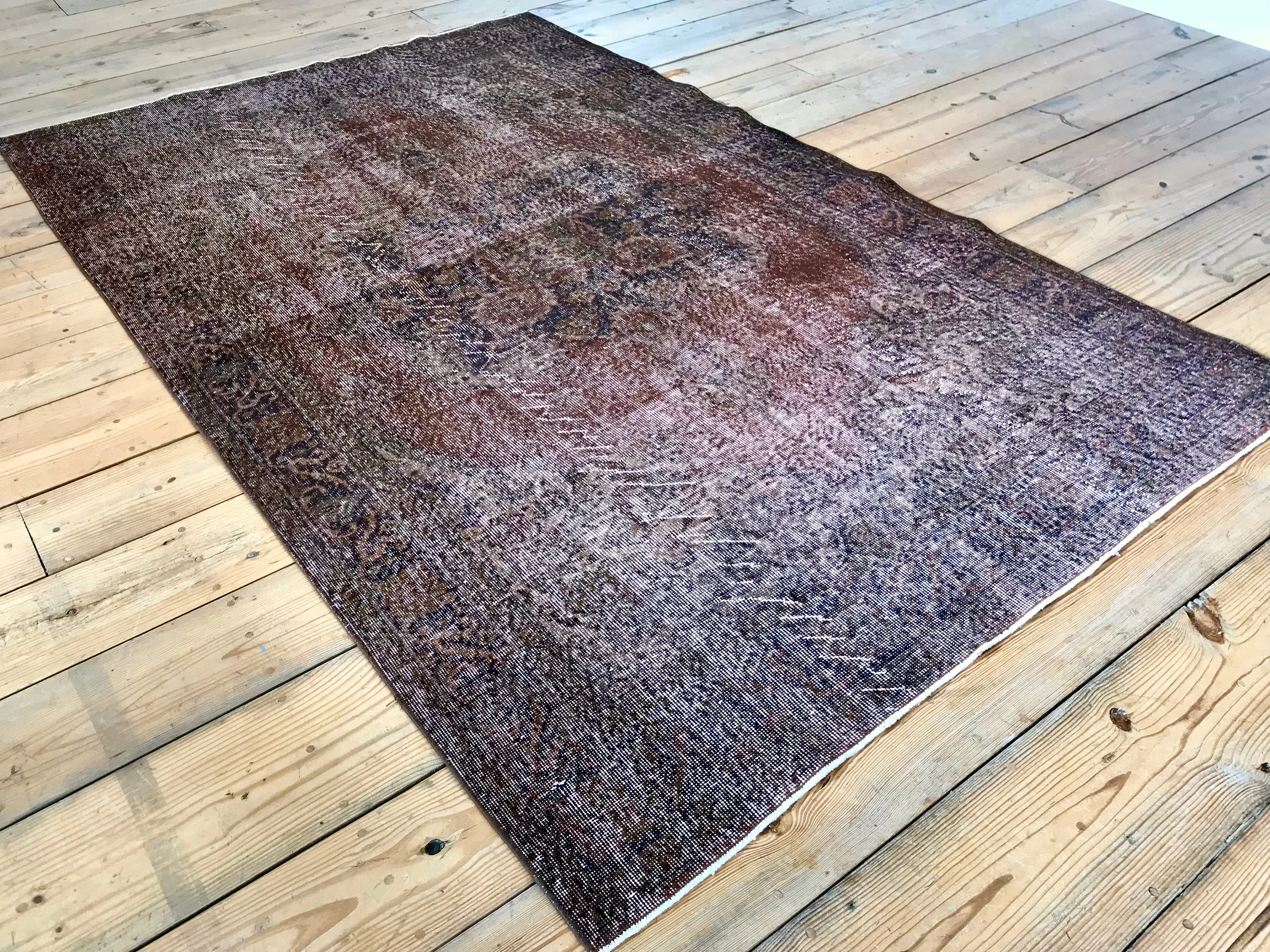 Vintage Hand Knotted Overdyed Brown Turkish Wool Area Rug