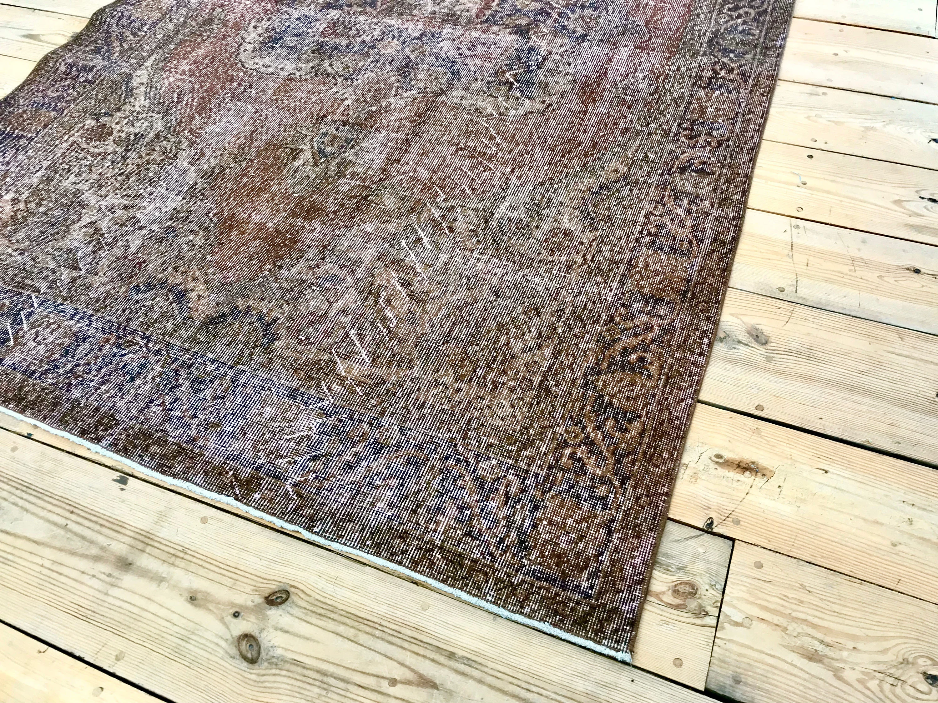 Vintage Hand Knotted Overdyed Brown Turkish Wool Area Rug