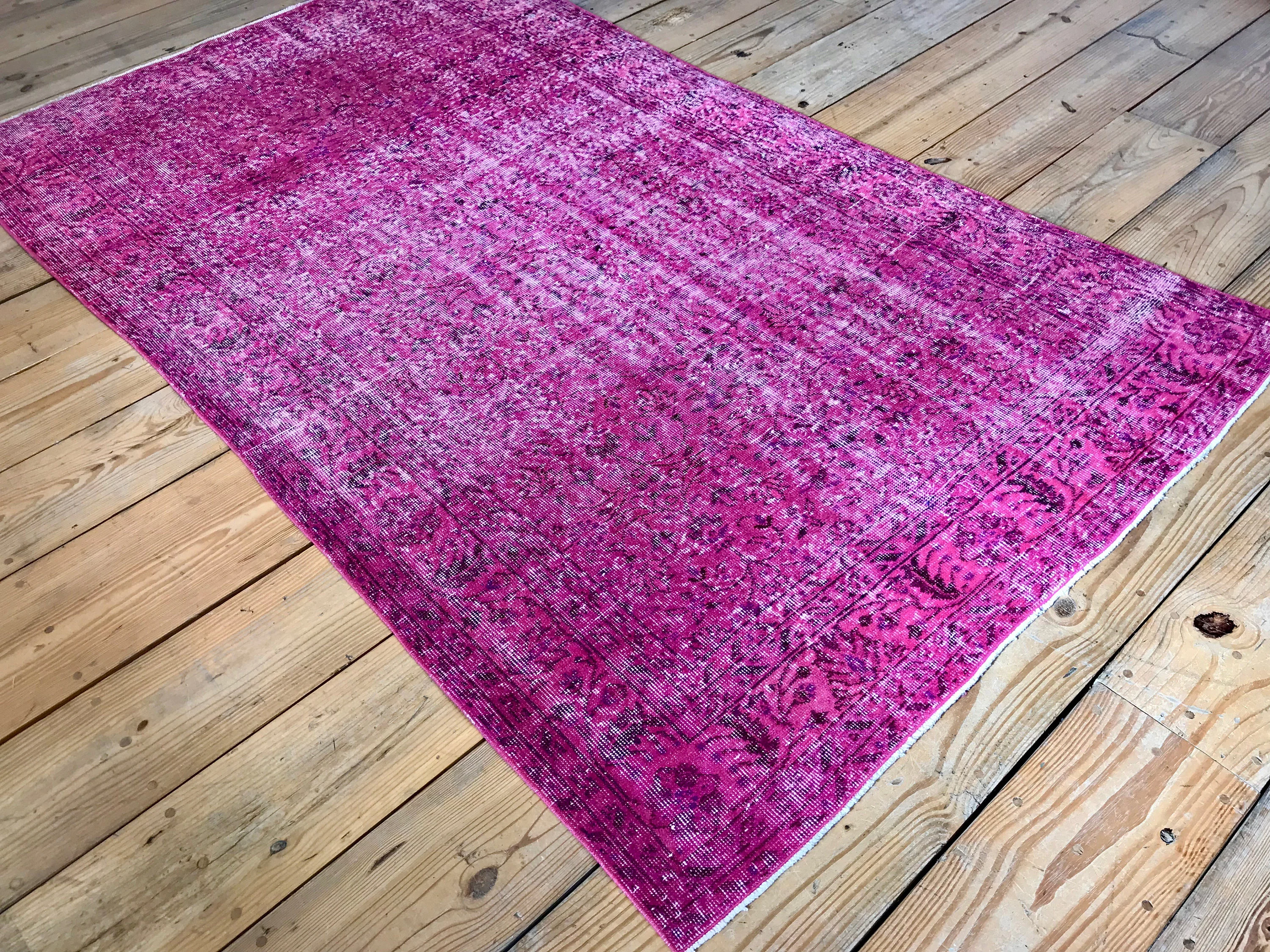 Vintage Hand Knotted Overdyed Pink Turkish Wool Area Rug