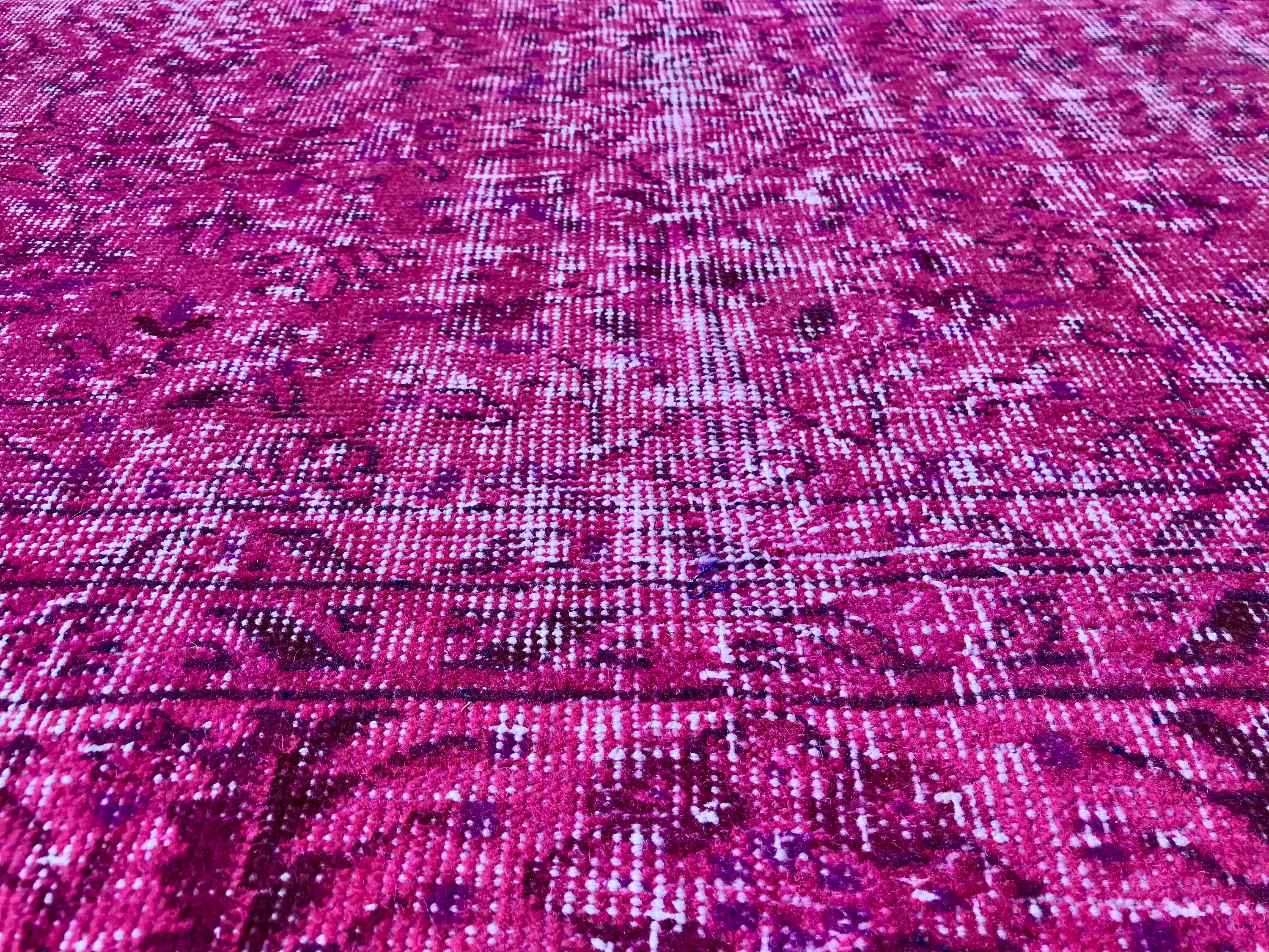 Vintage Hand Knotted Overdyed Pink Turkish Wool Area Rug