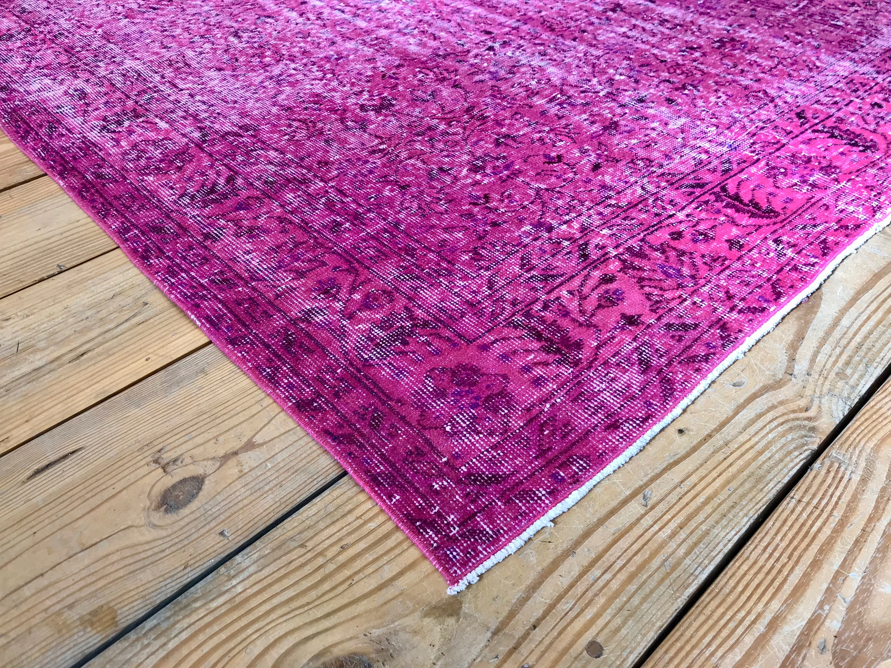Vintage Hand Knotted Overdyed Pink Turkish Wool Area Rug