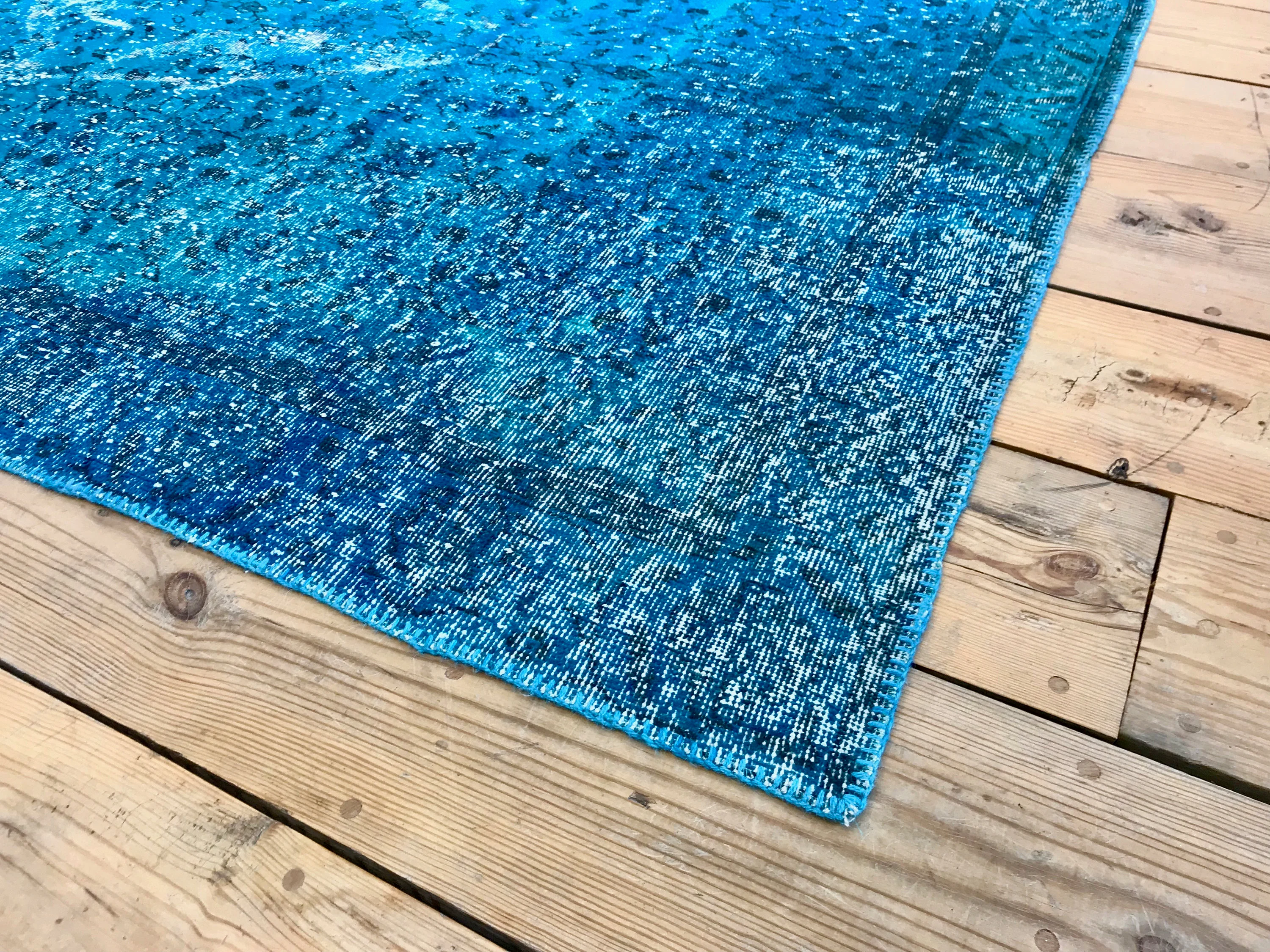 Vintage Hand Knotted Overdyed Teal Turkish Wool Area Rug