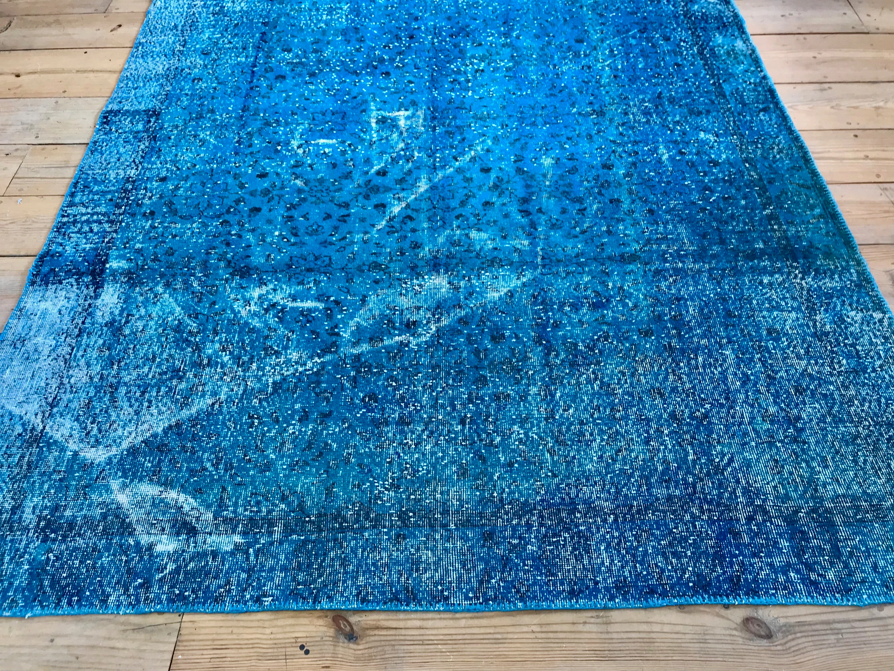 Vintage Hand Knotted Overdyed Teal Turkish Wool Area Rug