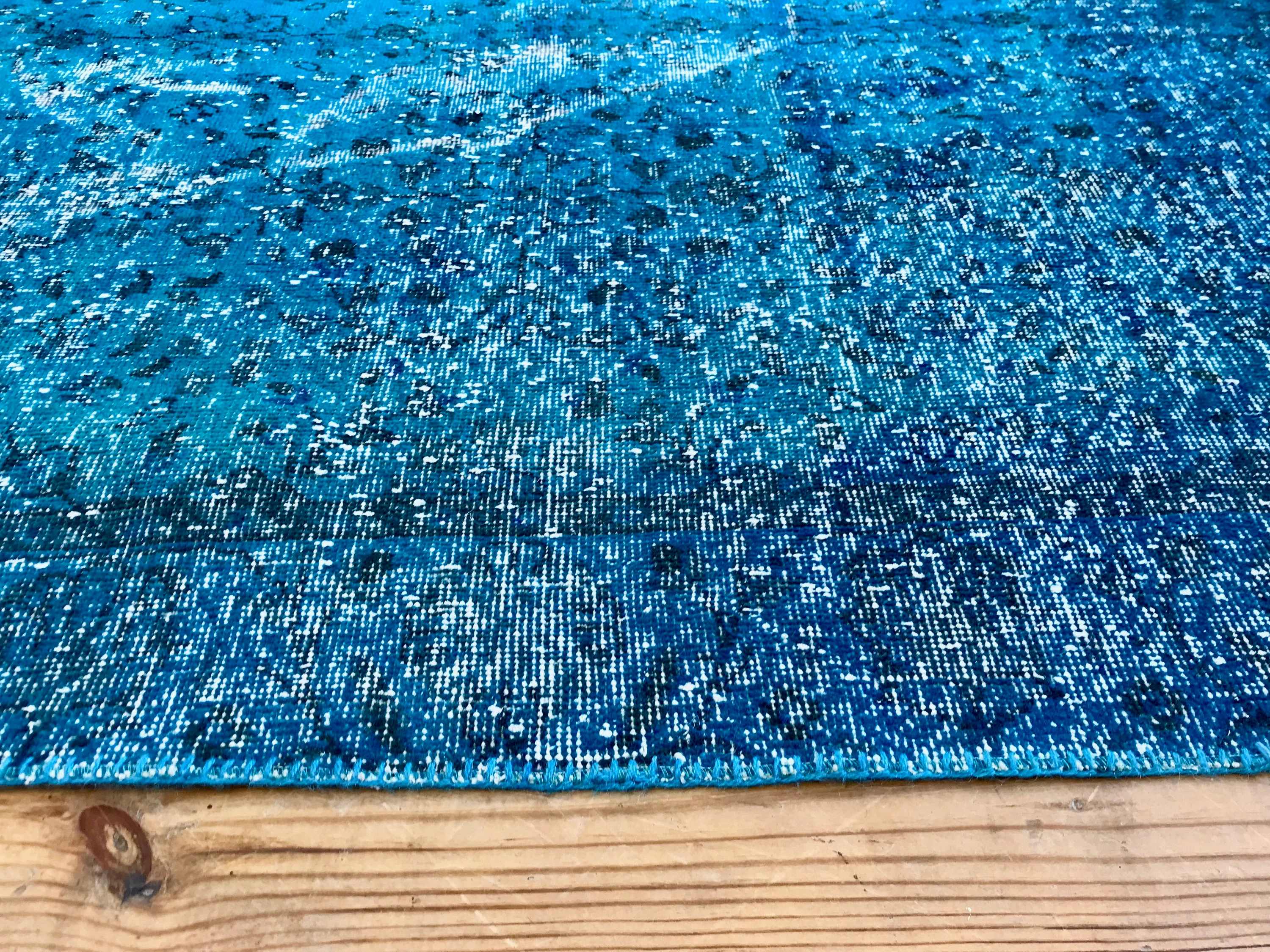 Vintage Hand Knotted Overdyed Teal Turkish Wool Area Rug
