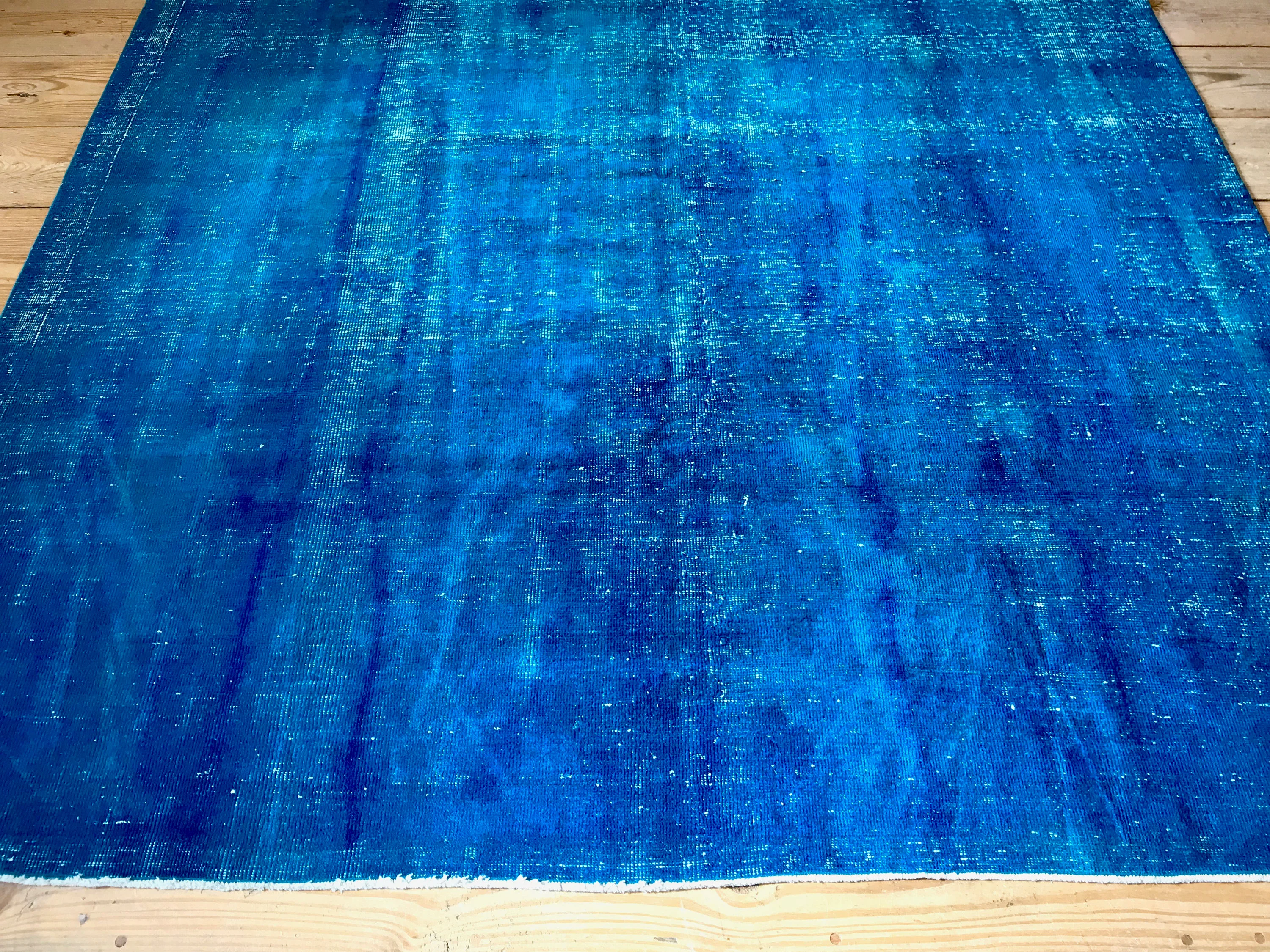 Vintage Hand Knotted Overdyed Blue Turkish Wool Area Rug