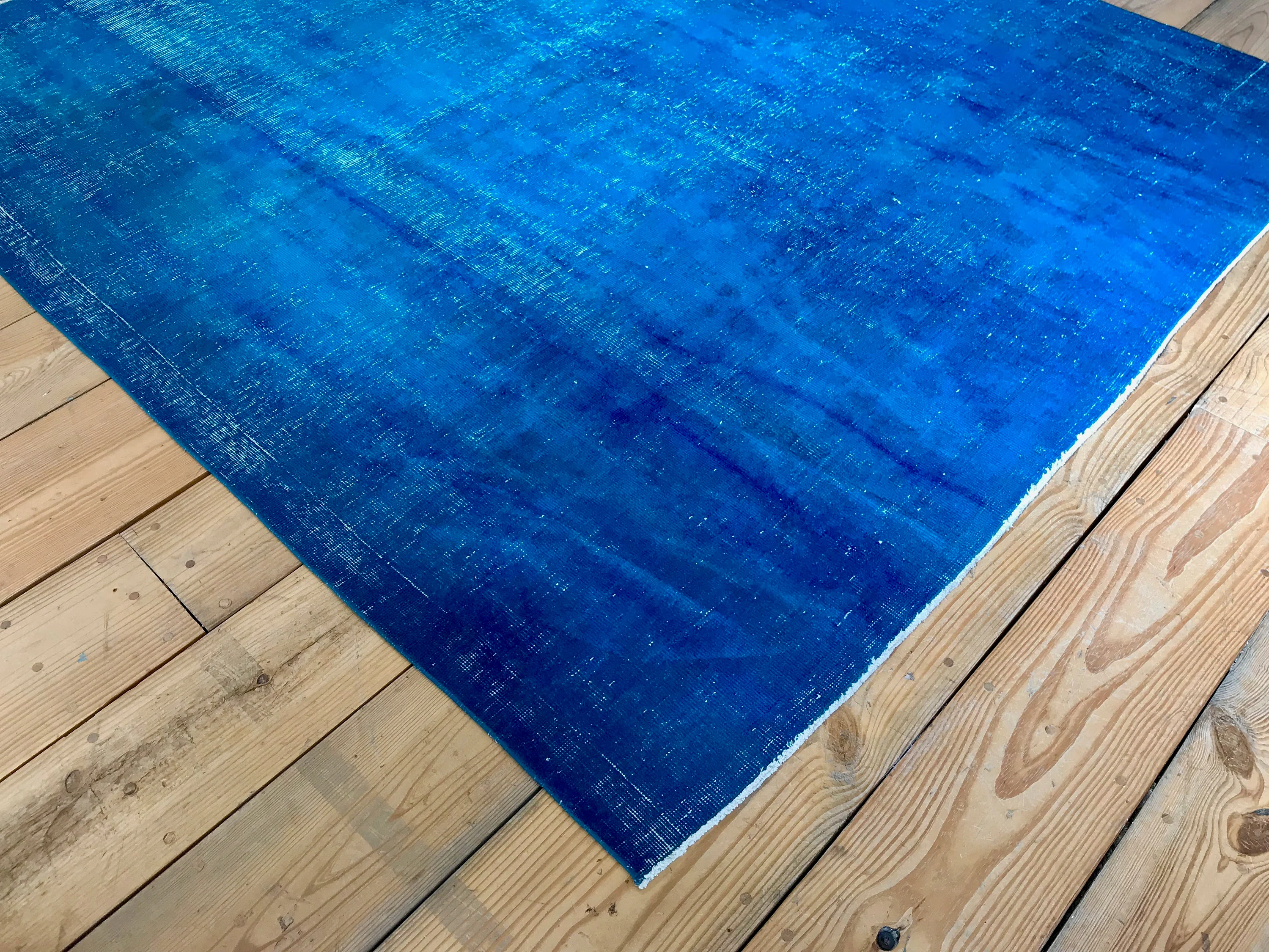Vintage Hand Knotted Overdyed Blue Turkish Wool Area Rug