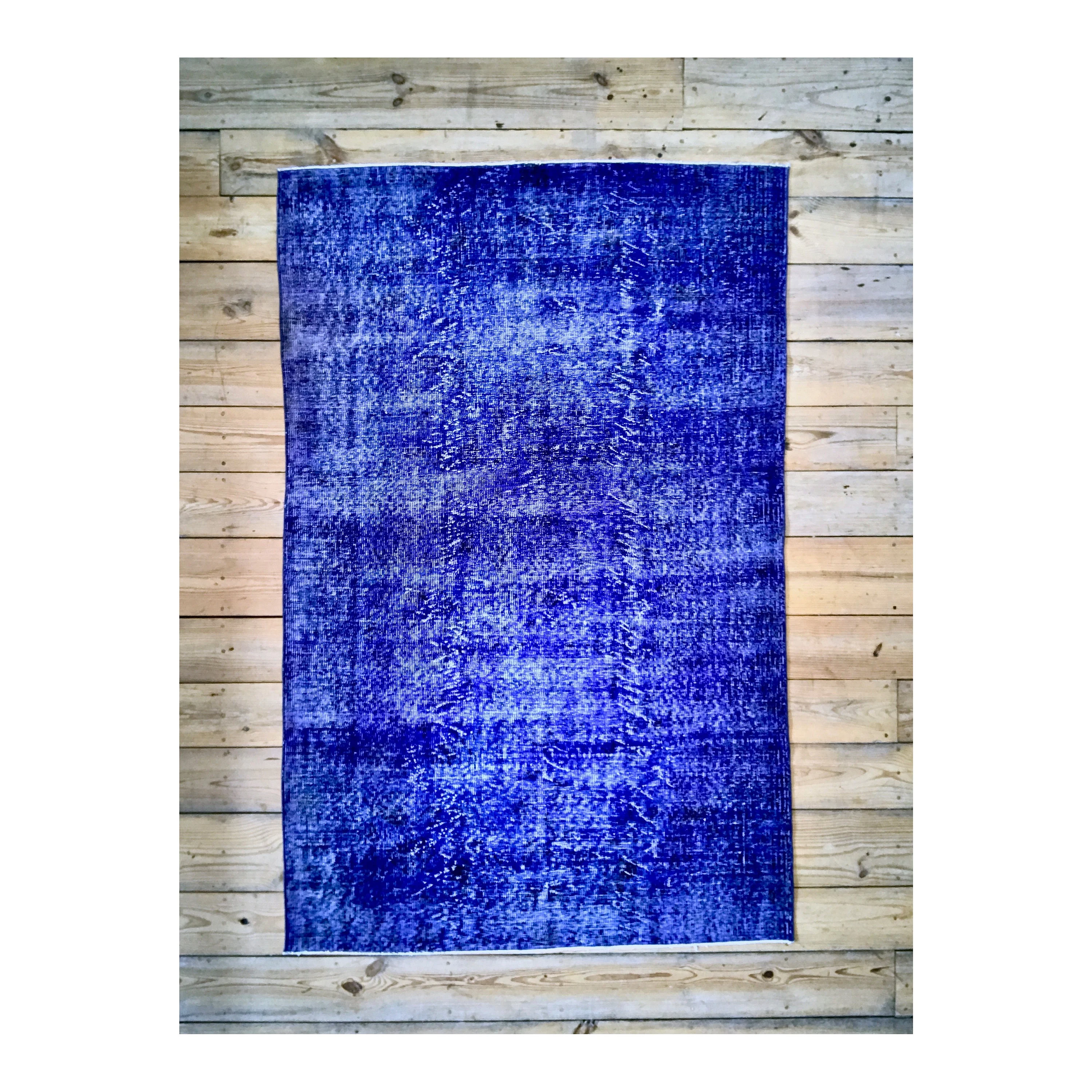 Vintage Hand Knotted Overdyed Blue Turkish Wool Area Rug