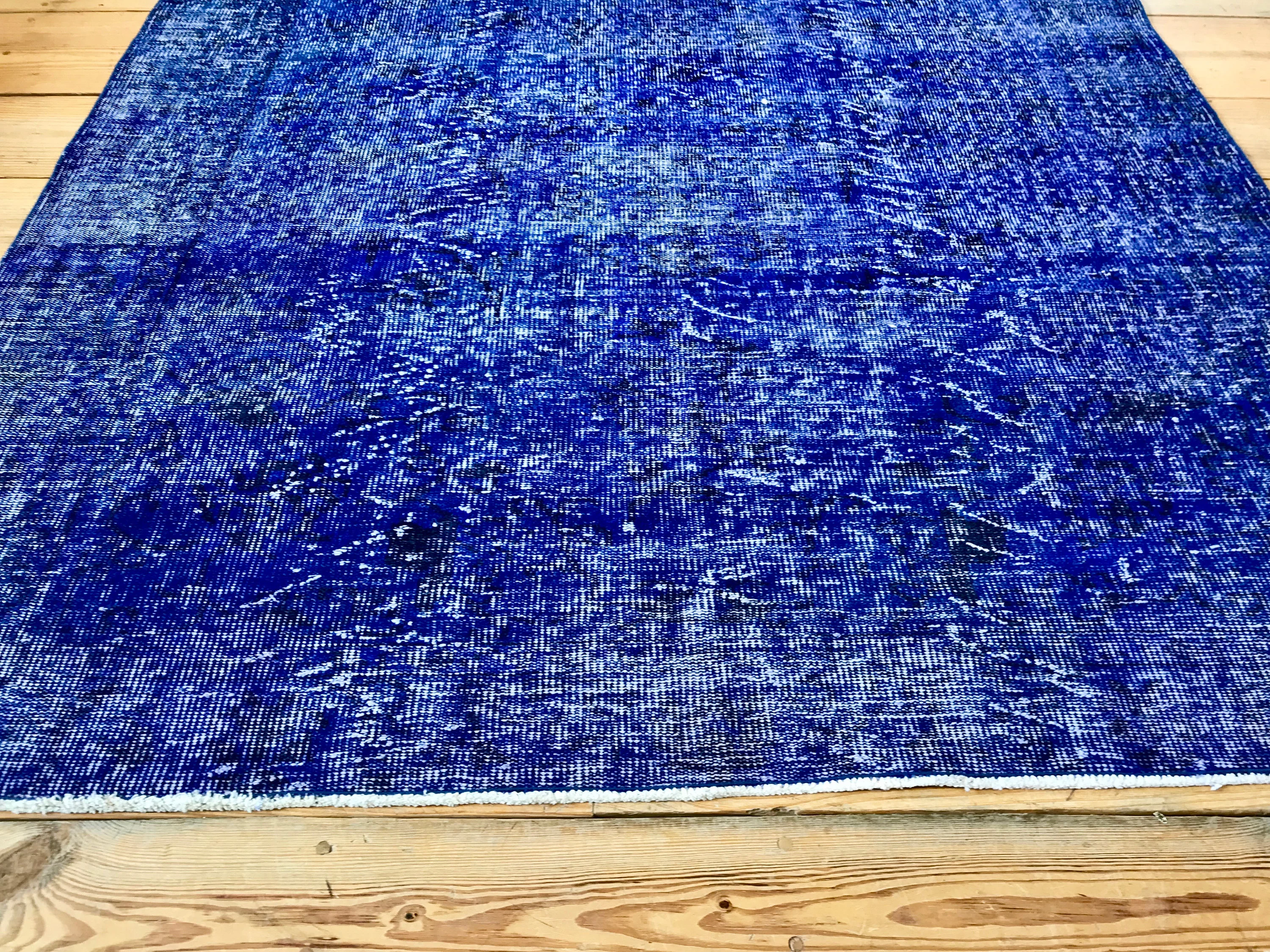 Vintage Hand Knotted Overdyed Blue Turkish Wool Area Rug