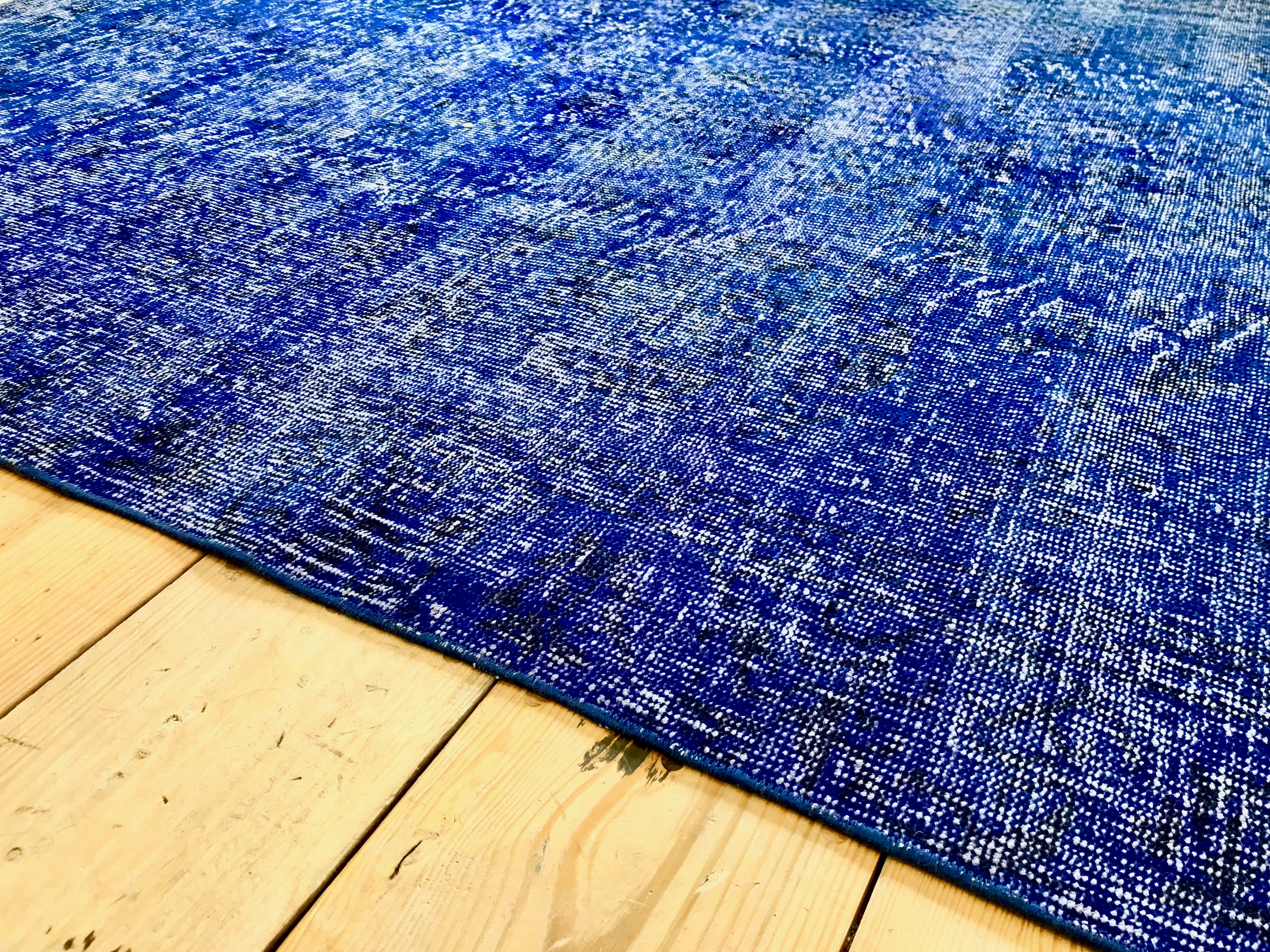 Vintage Hand Knotted Overdyed Blue Turkish Wool Area Rug