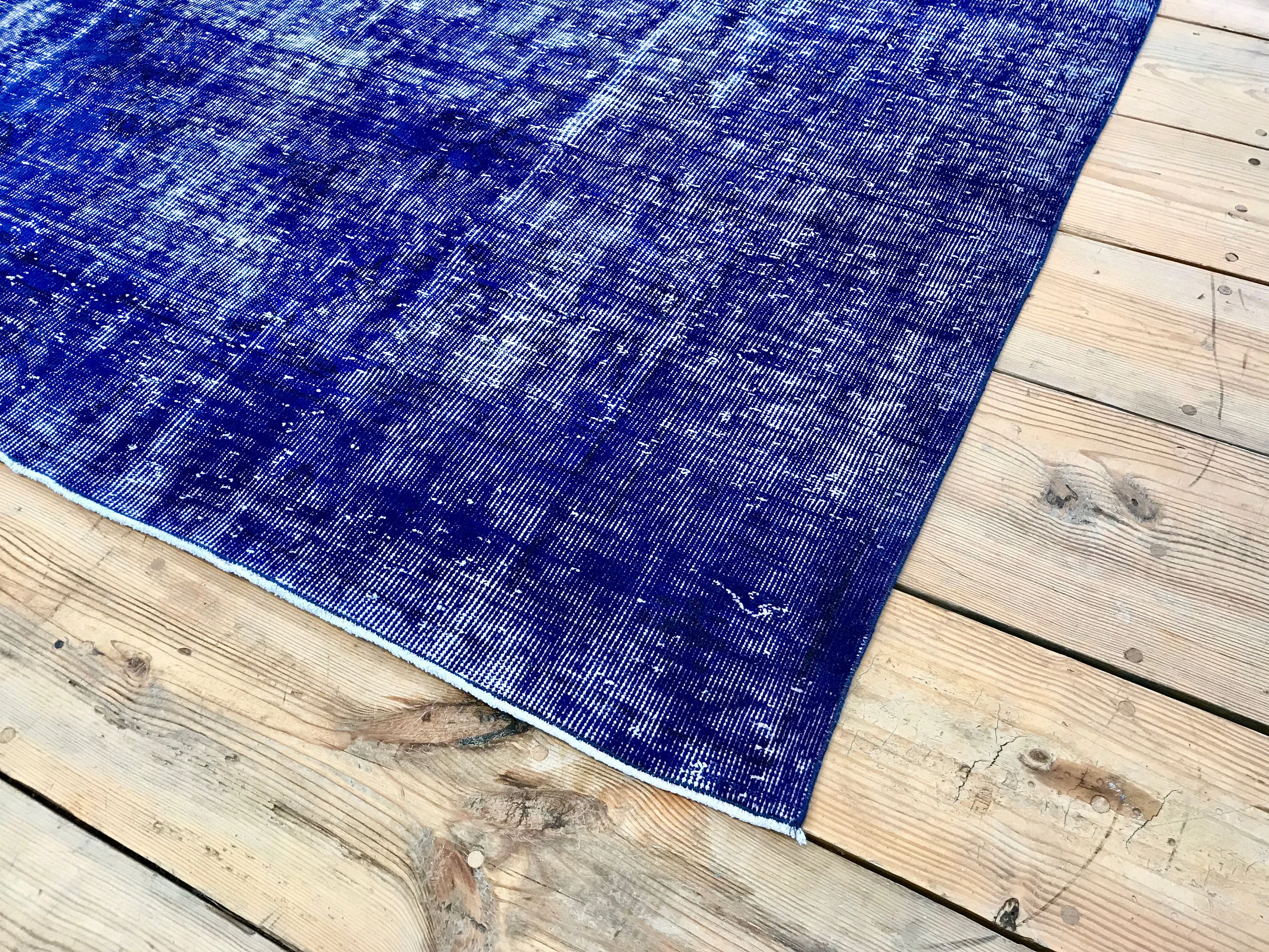 Vintage Hand Knotted Overdyed Blue Turkish Wool Area Rug