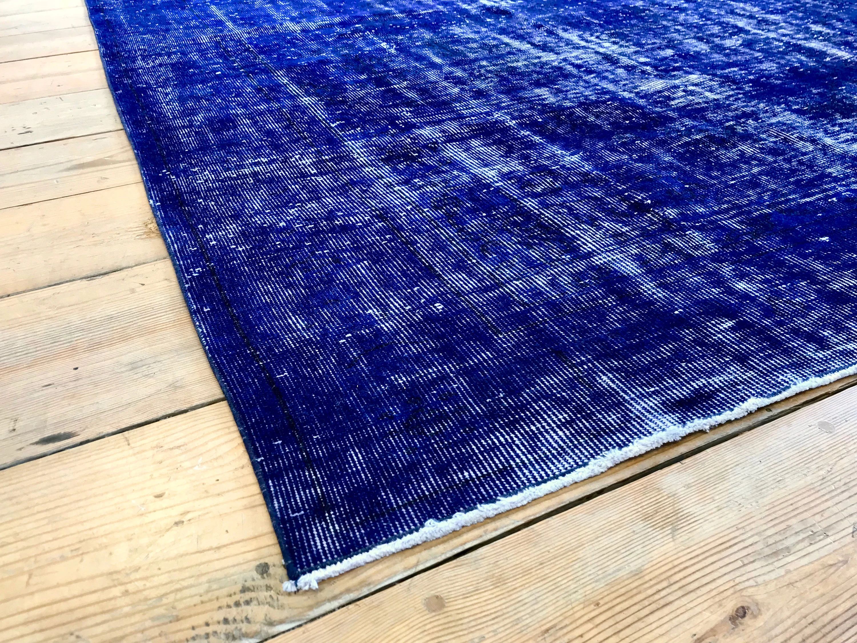 Vintage Hand Knotted Overdyed Blue Turkish Wool Area Rug
