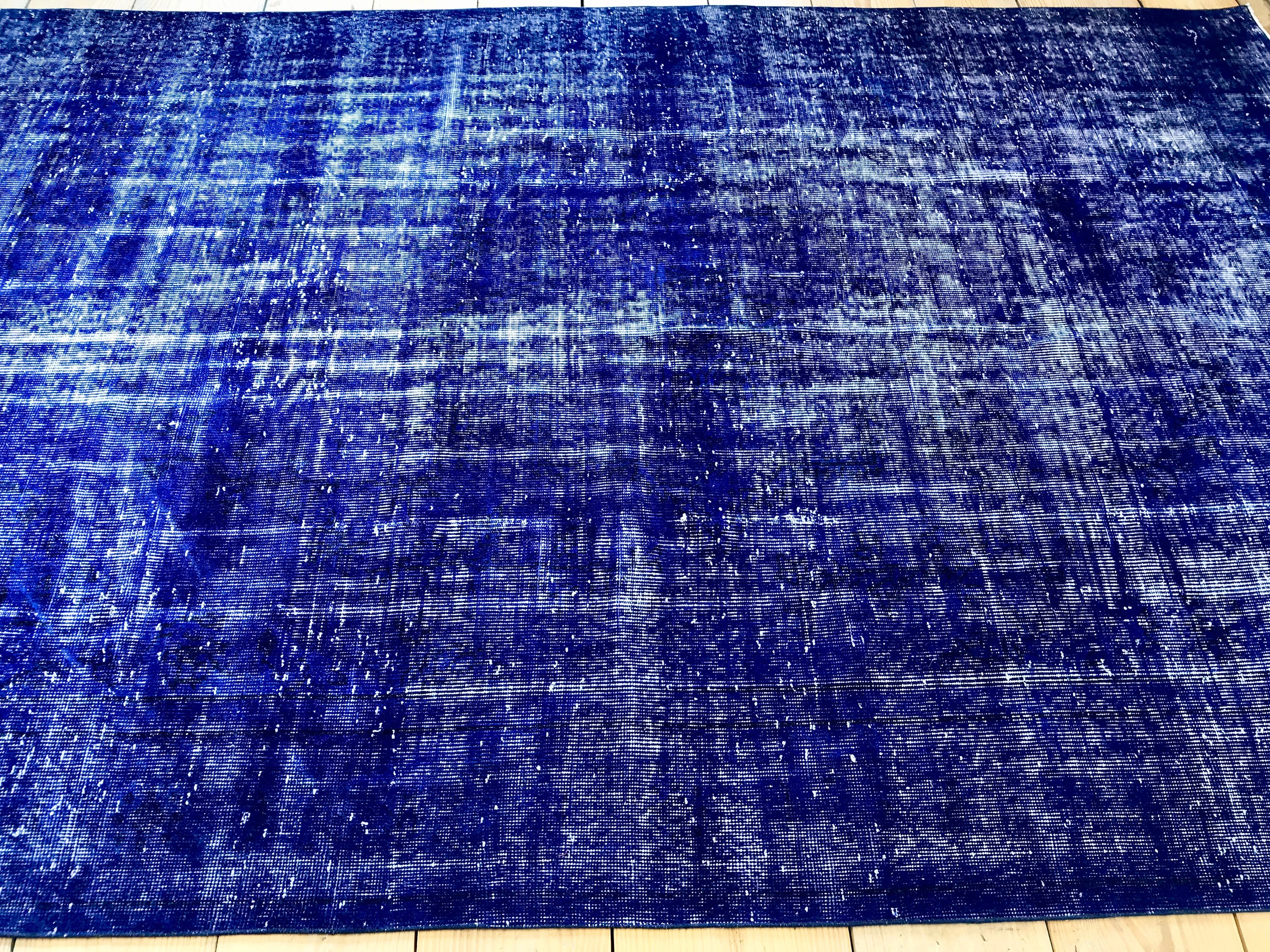 Vintage Hand Knotted Overdyed Blue Turkish Wool Area Rug