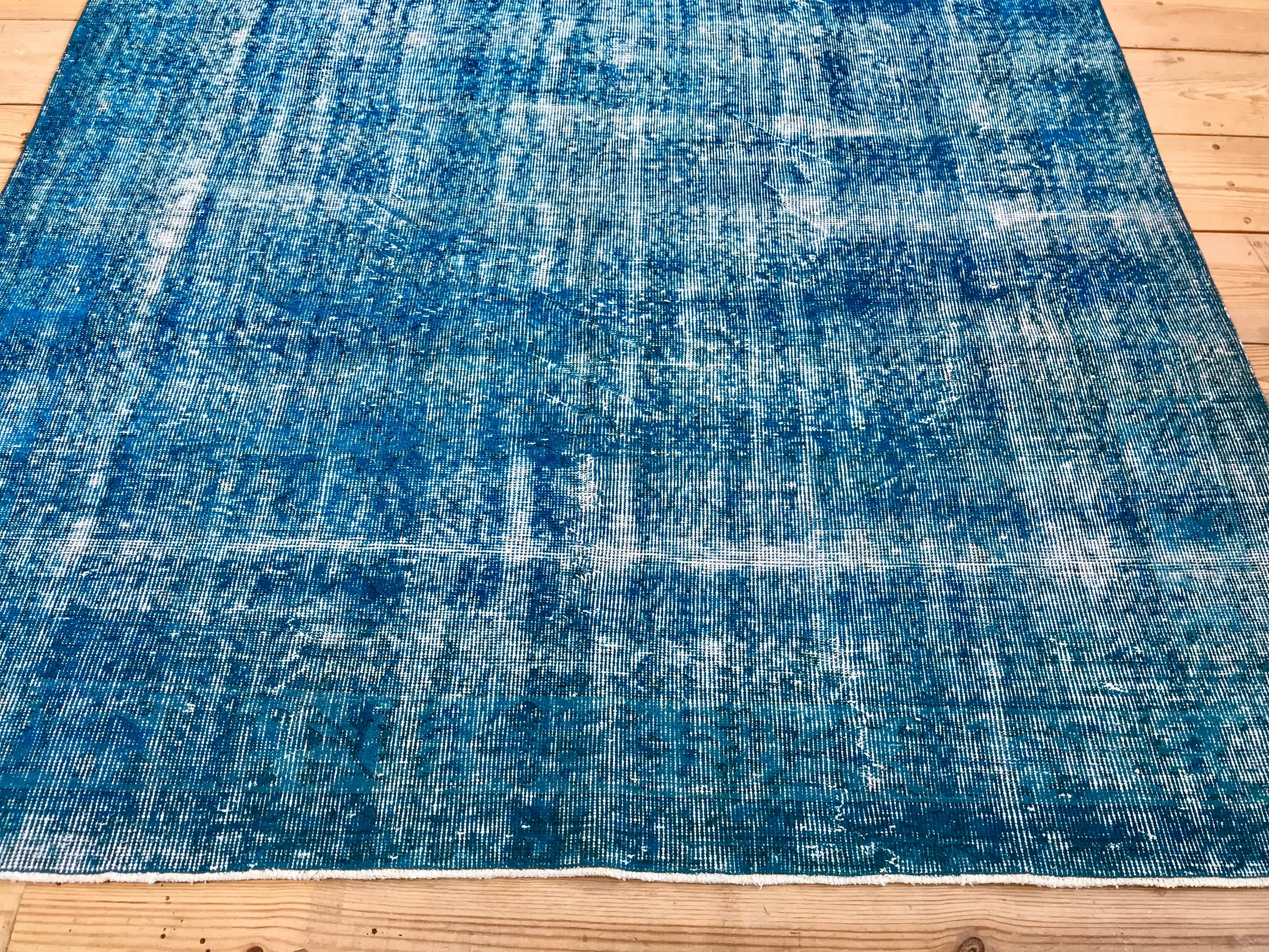 Vintage Hand Knotted Overdyed Teal Turkish Wool Area Rug