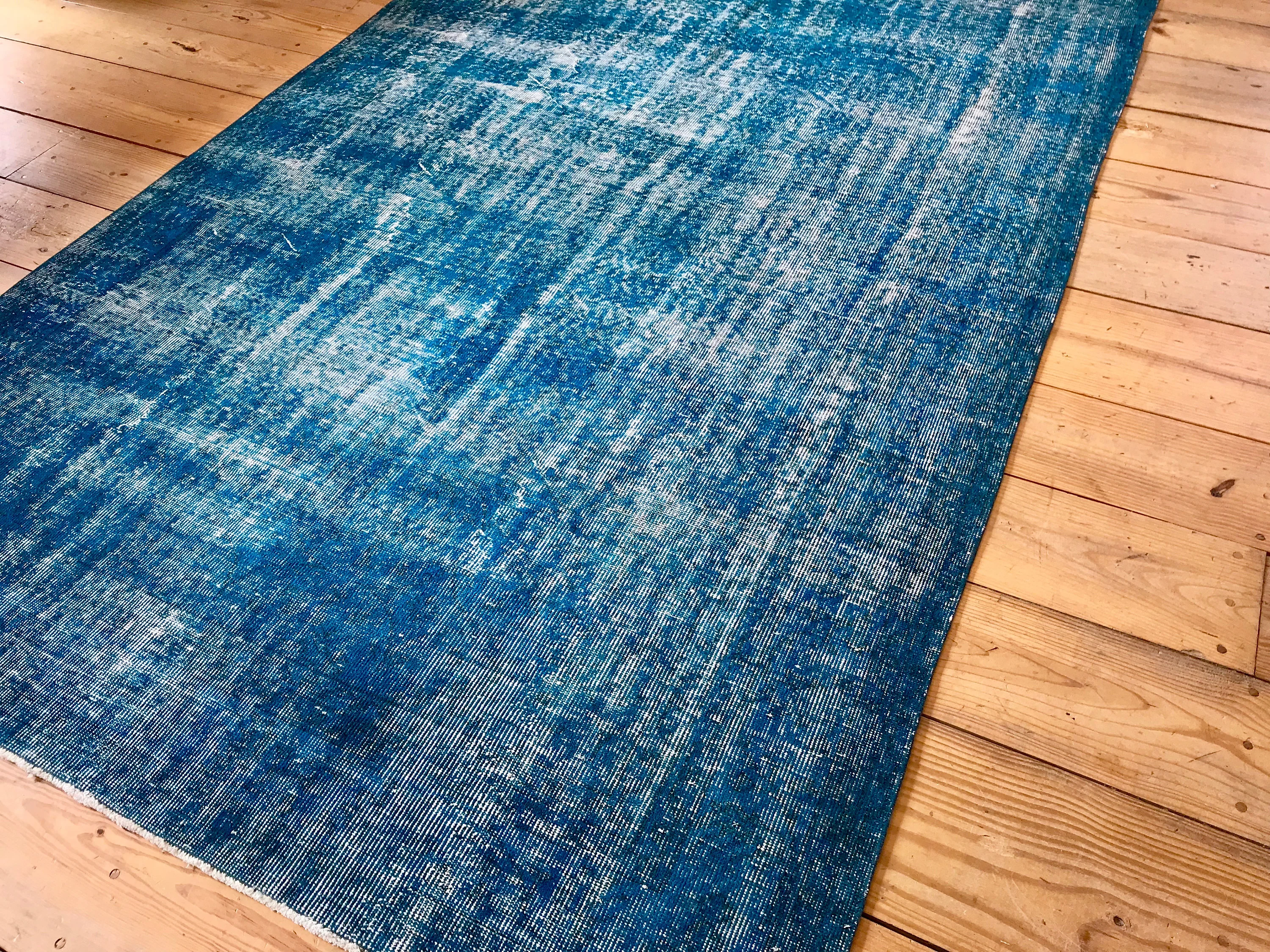 Vintage Hand Knotted Overdyed Teal Turkish Wool Area Rug