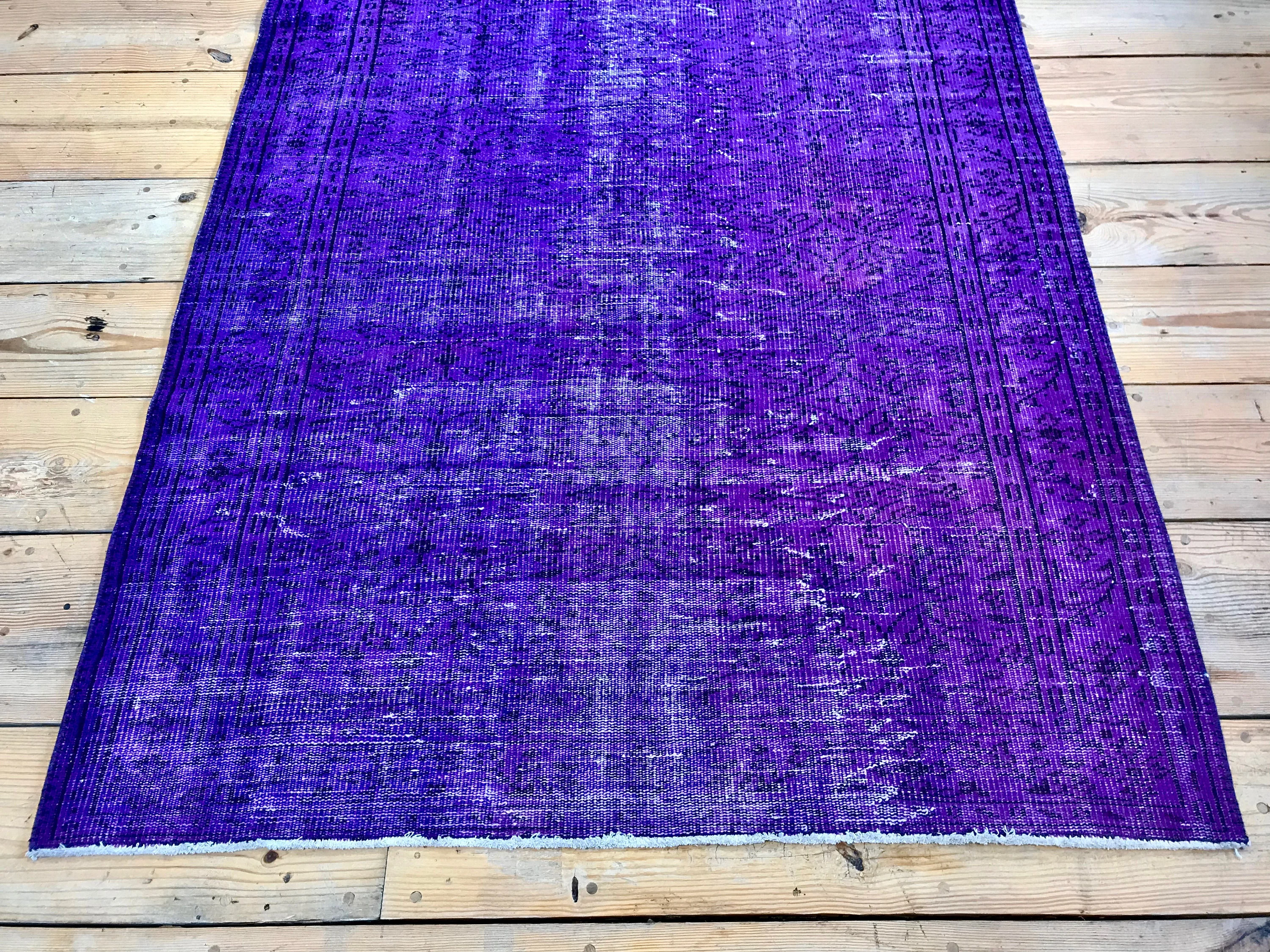 Vintage Hand Knotted Overdyed Purple Turkish Wool Area Rug