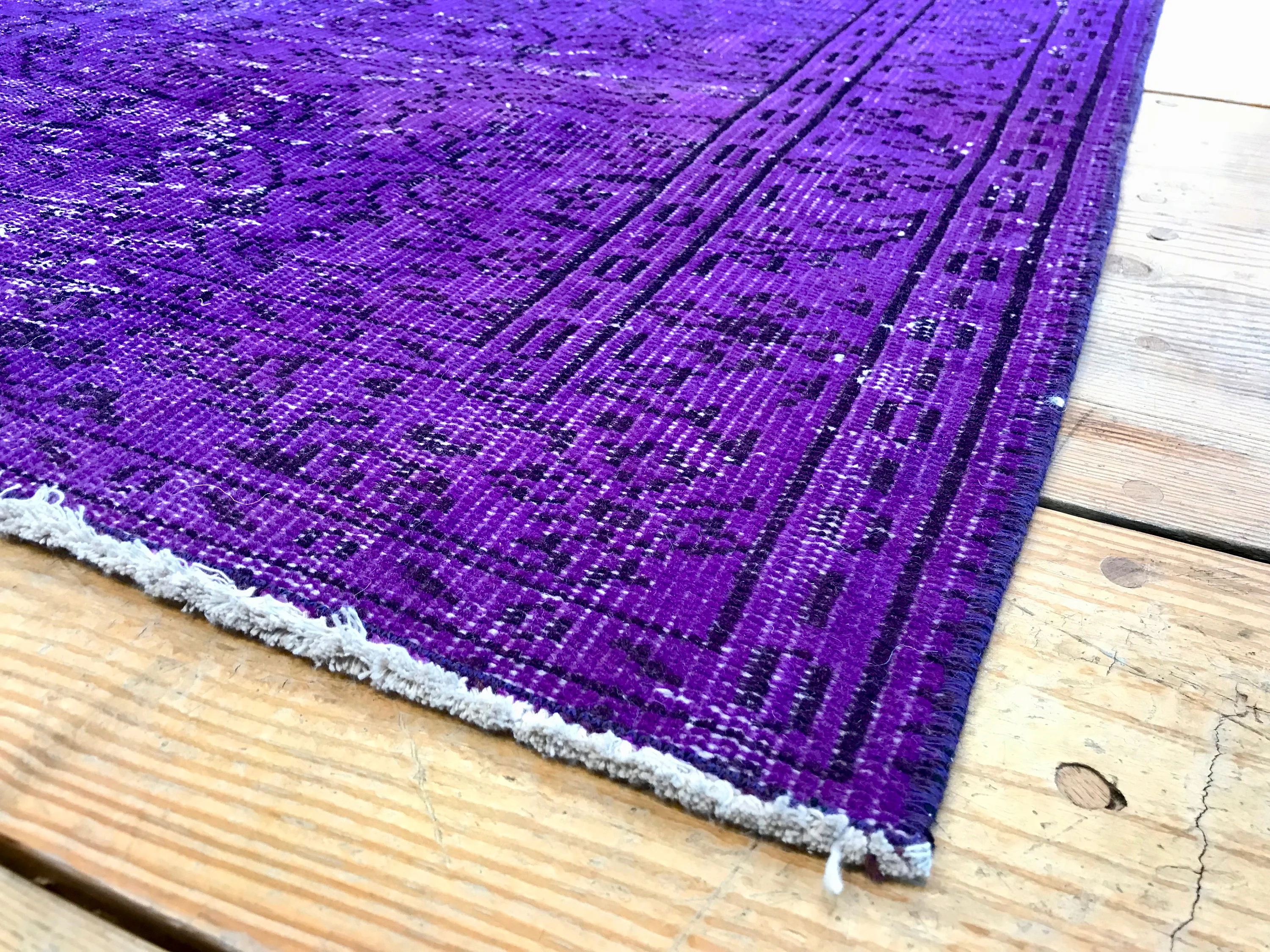 Vintage Hand Knotted Overdyed Purple Turkish Wool Area Rug