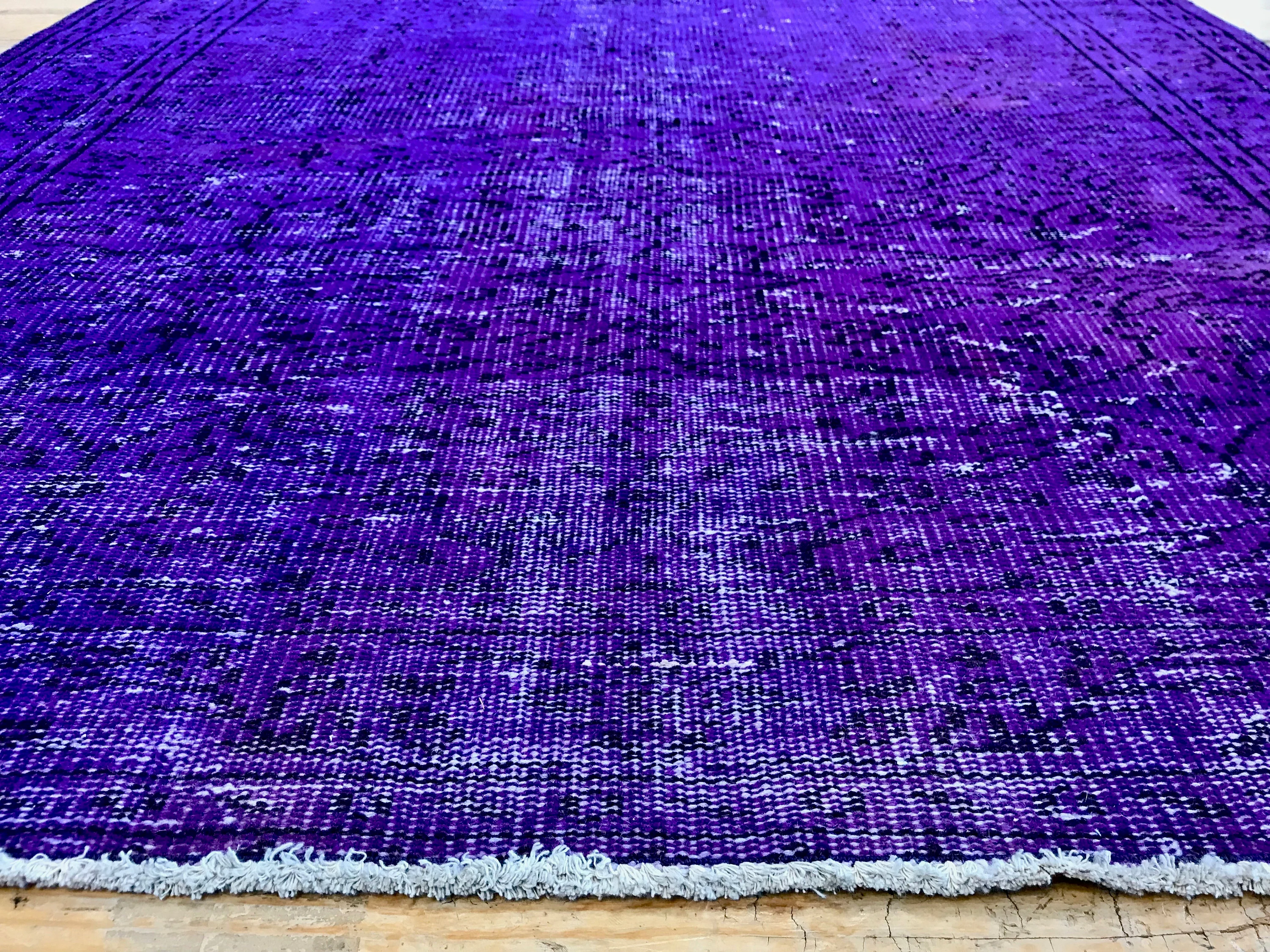 Vintage Hand Knotted Overdyed Purple Turkish Wool Area Rug