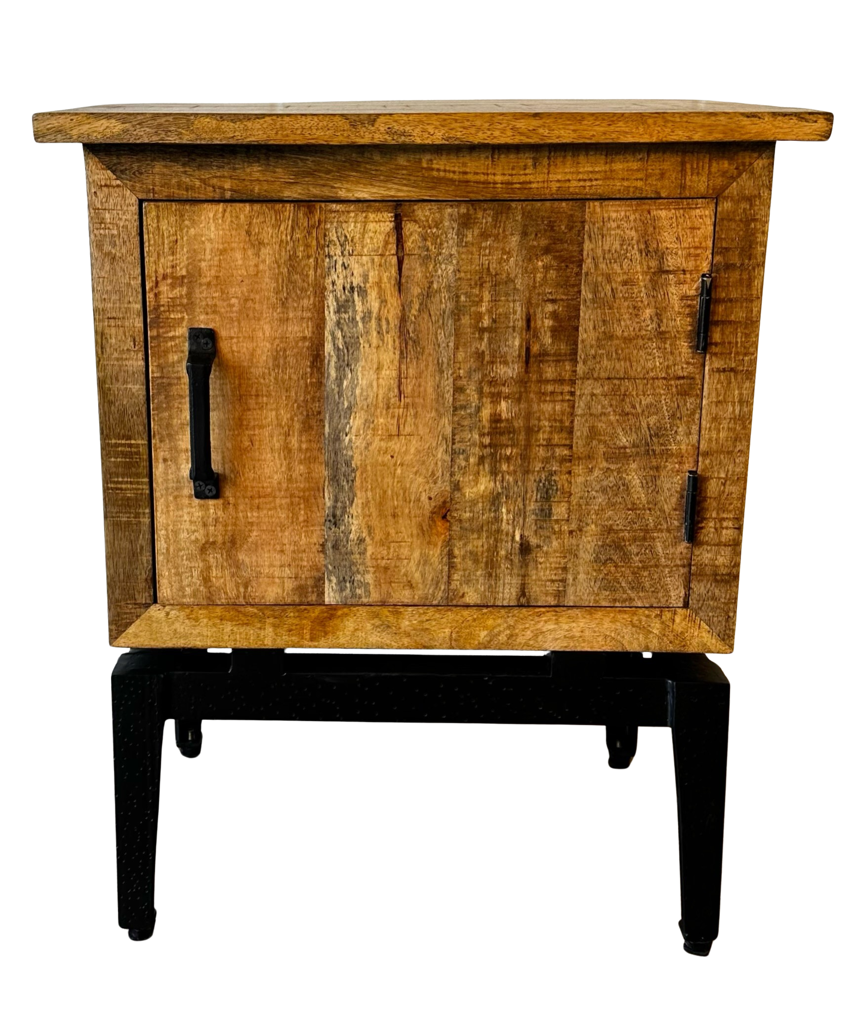 Wood Side Table with Iron Base and 1 Door