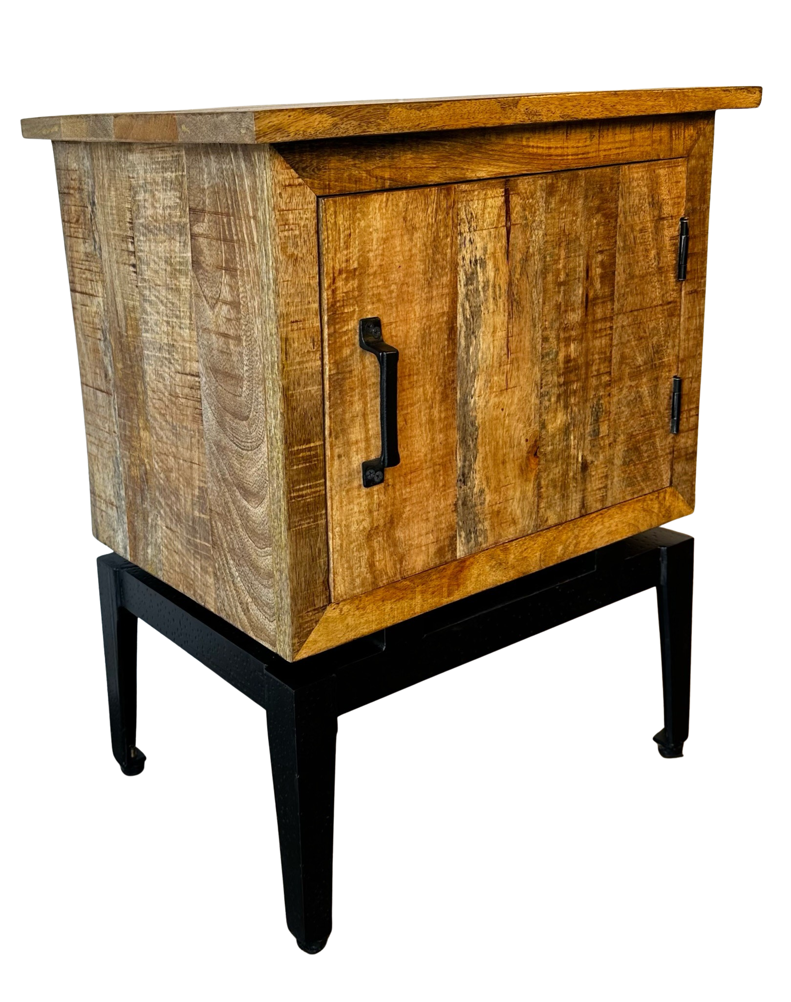 Wood Side Table with Iron Base and 1 Door