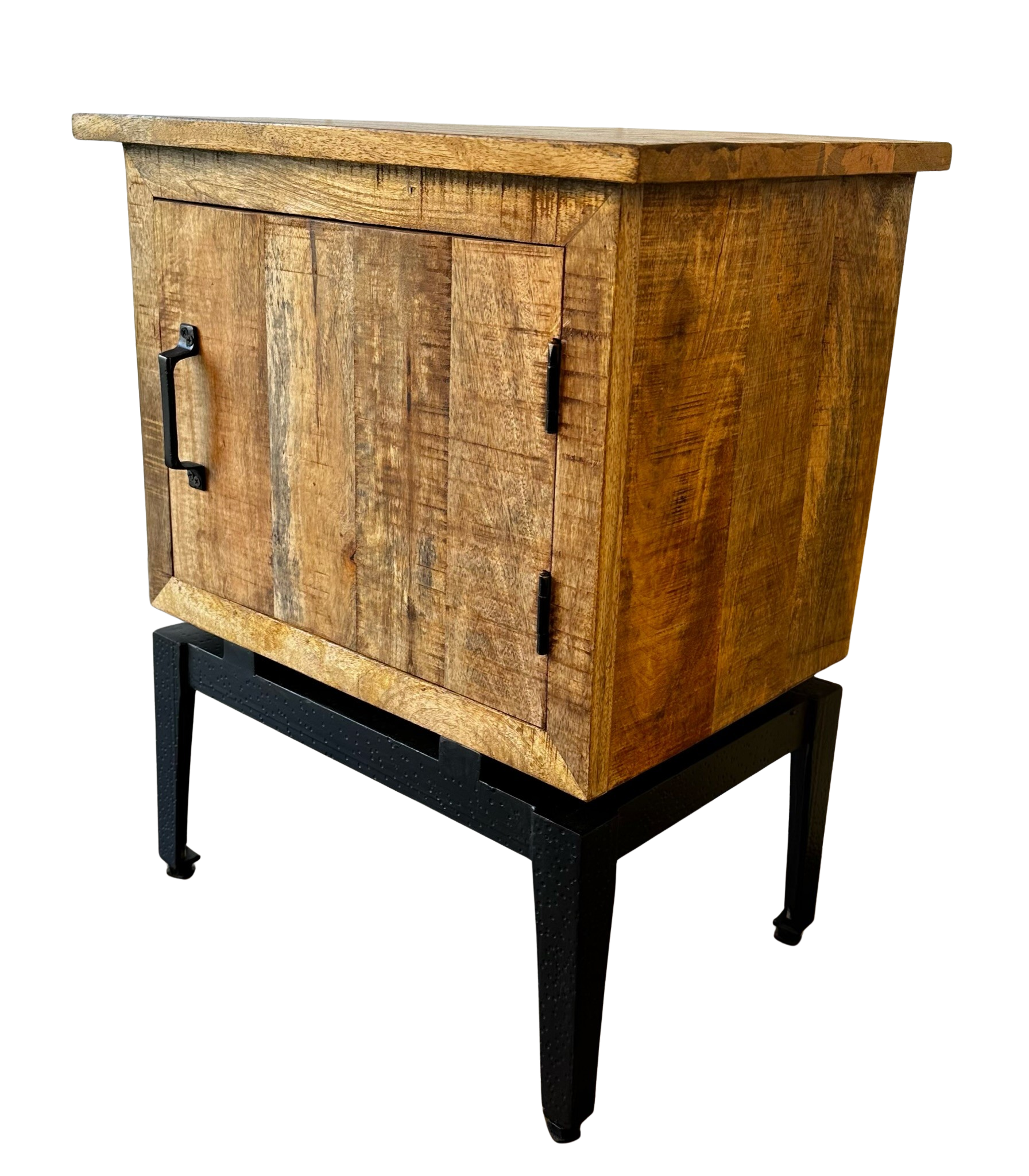 Wood Side Table with Iron Base and 1 Door