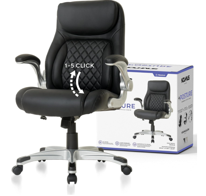Posture Ergonomic PU Leather Office Chair. Click5 Lumbar Support with FlipAdjust Armrests. Modern Executive Chair and Computer Desk Chair (Black)