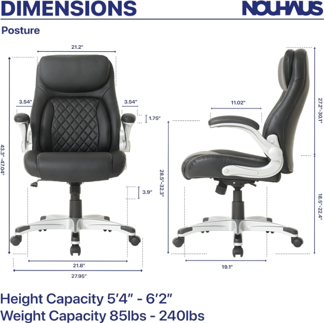 Posture Ergonomic PU Leather Office Chair. Click5 Lumbar Support with FlipAdjust Armrests. Modern Executive Chair and Computer Desk Chair (Black)
