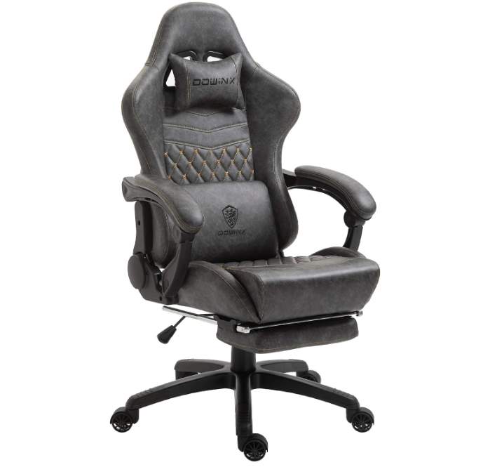 Gaming Office, PC with Massage Lumbar Support, Vintage Style PU Leather High Back Adjustable Swivel Task Chair with Footrest (Light Grey)