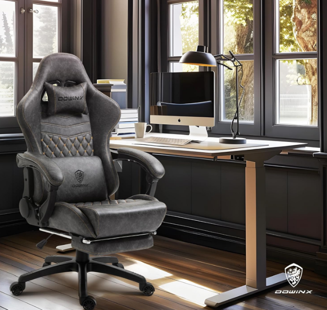 Gaming Office, PC with Massage Lumbar Support, Vintage Style PU Leather High Back Adjustable Swivel Task Chair with Footrest (Light Grey)