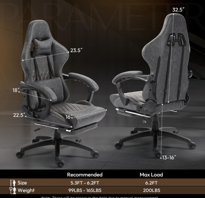 Gaming Office, PC with Massage Lumbar Support, Vintage Style PU Leather High Back Adjustable Swivel Task Chair with Footrest (Light Grey)