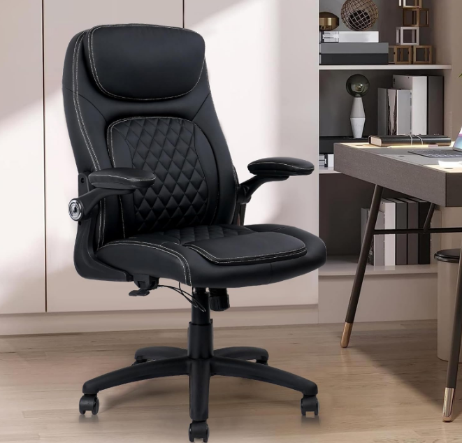 Executive Office Chair PU Leather with Adjustable Flip-up Armrests, High Back Ergonomic Computer Task Chair with Lumbar Support Wheels Swivel Rolling Rocking for Home Desk Chair, Black