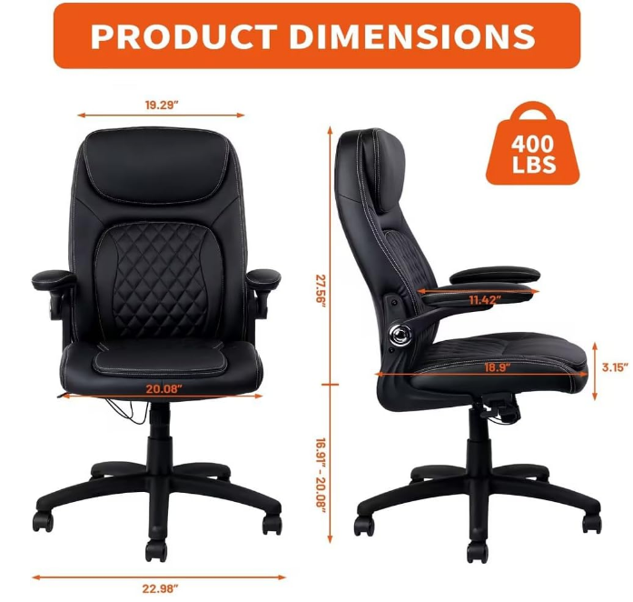 Executive Office Chair PU Leather with Adjustable Flip-up Armrests, High Back Ergonomic Computer Task Chair with Lumbar Support Wheels Swivel Rolling Rocking for Home Desk Chair, Black