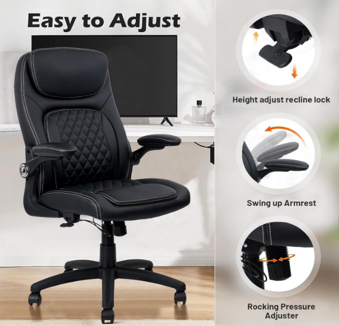 Executive Office Chair PU Leather with Adjustable Flip-up Armrests, High Back Ergonomic Computer Task Chair with Lumbar Support Wheels Swivel Rolling Rocking for Home Desk Chair, Black