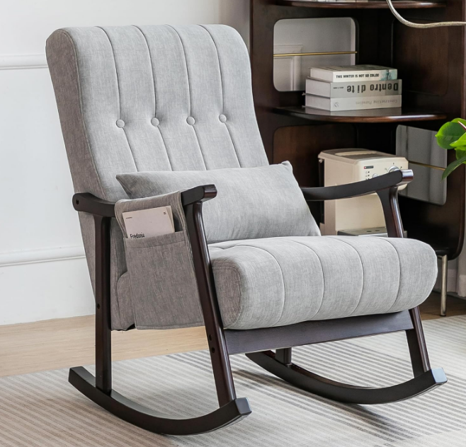 Upholstered Rocking Chair, Nursery Rocking Chair Indoor for Living Room, Modern Glider Rocker w/Pillow＆Side Pocket, High Back Padded Seat Side Armchair for Old Man(Grey)