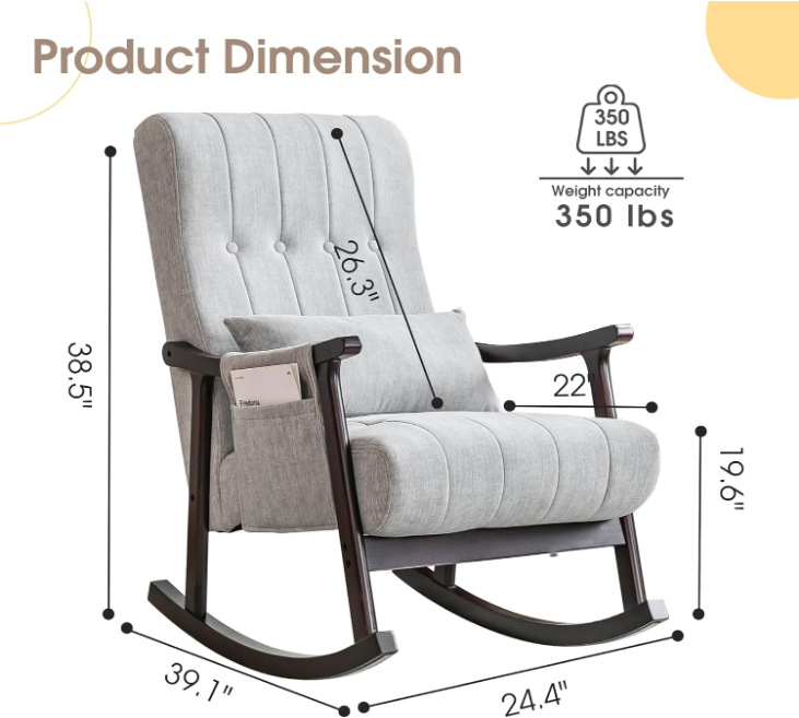 Upholstered Rocking Chair, Nursery Rocking Chair Indoor for Living Room, Modern Glider Rocker w/Pillow＆Side Pocket, High Back Padded Seat Side Armchair for Old Man(Grey)