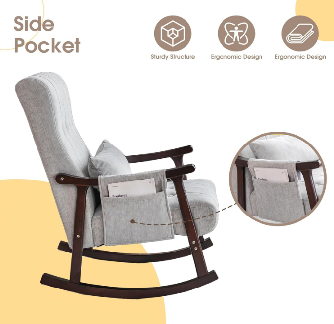Upholstered Rocking Chair, Nursery Rocking Chair Indoor for Living Room, Modern Glider Rocker w/Pillow＆Side Pocket, High Back Padded Seat Side Armchair for Old Man(Grey)