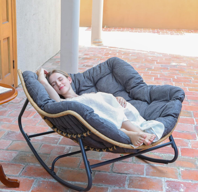Outdoor Rocking Chair, Patio Egg Rocking Chair, Indoor Papasan Chair, Rattan Wicker Lounge Chair, Modern Royal Chair for Bedroom, Living Room, Porch, Garden, Lawn-Dark Grey