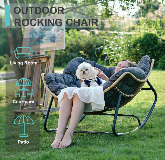 Outdoor Rocking Chair, Patio Egg Rocking Chair, Indoor Papasan Chair, Rattan Wicker Lounge Chair, Modern Royal Chair for Bedroom, Living Room, Porch, Garden, Lawn-Dark Grey