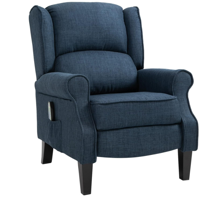 Vibration Massage Recliner Chair for Living Room with Heat, Wingback Single Sofa, Modern Linen Fabric Push Back Reclining Chair with Footrest, Side Pocket, Dark Blue