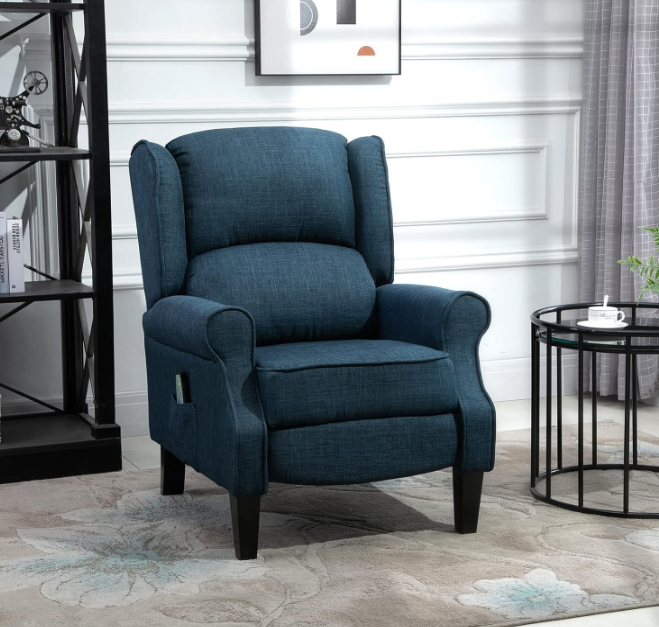 Vibration Massage Recliner Chair for Living Room with Heat, Wingback Single Sofa, Modern Linen Fabric Push Back Reclining Chair with Footrest, Side Pocket, Dark Blue