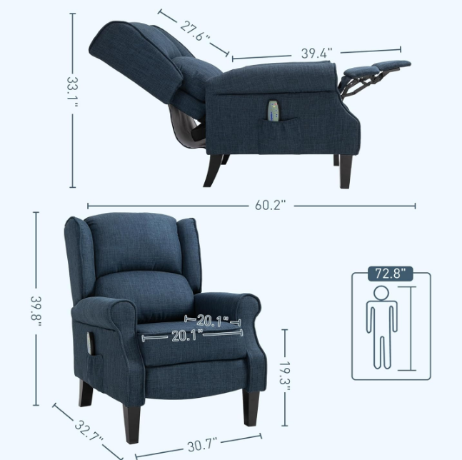 Vibration Massage Recliner Chair for Living Room with Heat, Wingback Single Sofa, Modern Linen Fabric Push Back Reclining Chair with Footrest, Side Pocket, Dark Blue