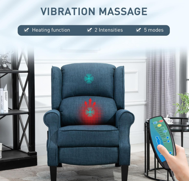 Vibration Massage Recliner Chair for Living Room with Heat, Wingback Single Sofa, Modern Linen Fabric Push Back Reclining Chair with Footrest, Side Pocket, Dark Blue