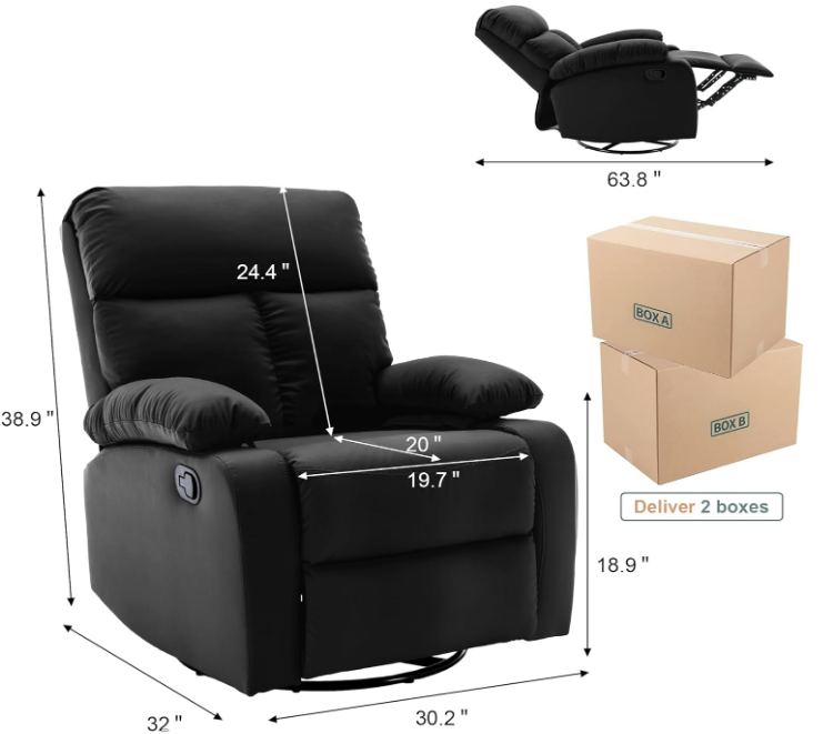 Swivel Rocker Recliner, Small Rocking Recliners for Small Spaces, Rocking Recliner Chair for Living Room, RV, Bedroom, Nursery, Black