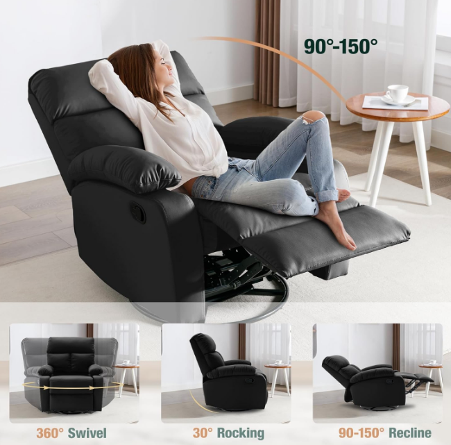Swivel Rocker Recliner, Small Rocking Recliners for Small Spaces, Rocking Recliner Chair for Living Room, RV, Bedroom, Nursery, Black