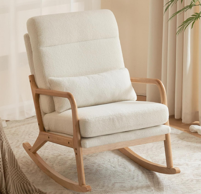 Nursery Rocking Chair Removable Glider Rocker High Backrest Rocking Armchair Mid-Century Accent Chair with Lumber Pillow for Bedroom, Living Room, Nursery, Creamy-White