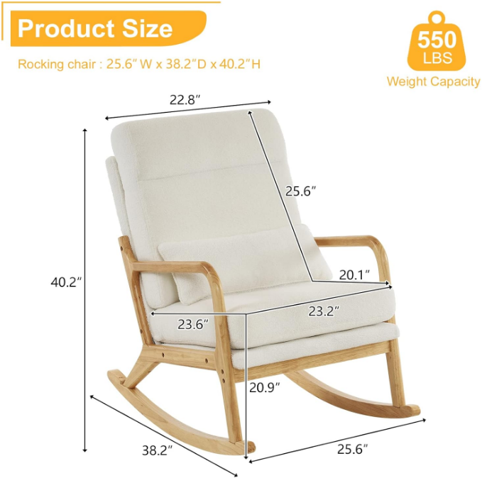 Nursery Rocking Chair Removable Glider Rocker High Backrest Rocking Armchair Mid-Century Accent Chair with Lumber Pillow for Bedroom, Living Room, Nursery, Creamy-White